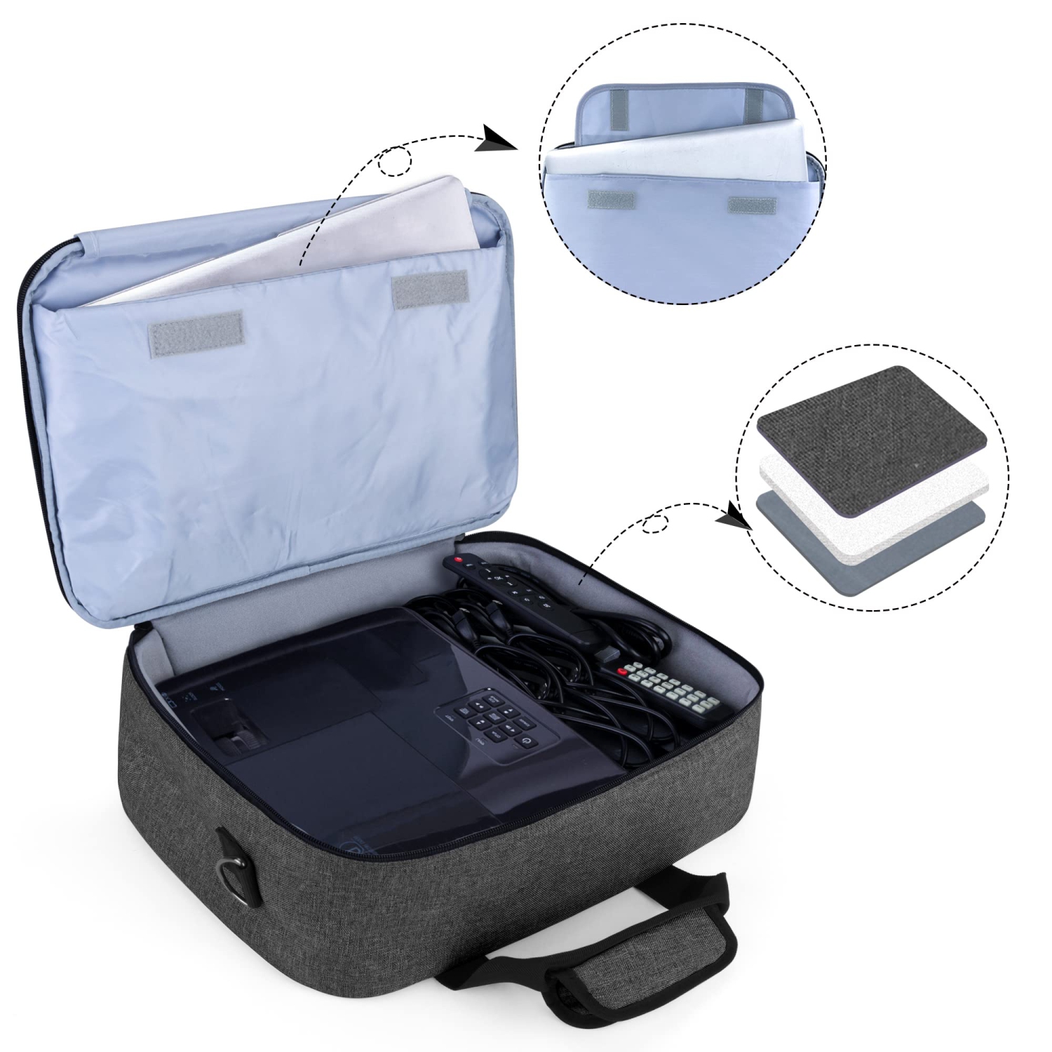 Projector Case, Projector Bag with Protective Laptop Sleeve, Projector Carrying Case with Accessories Pockets, Black