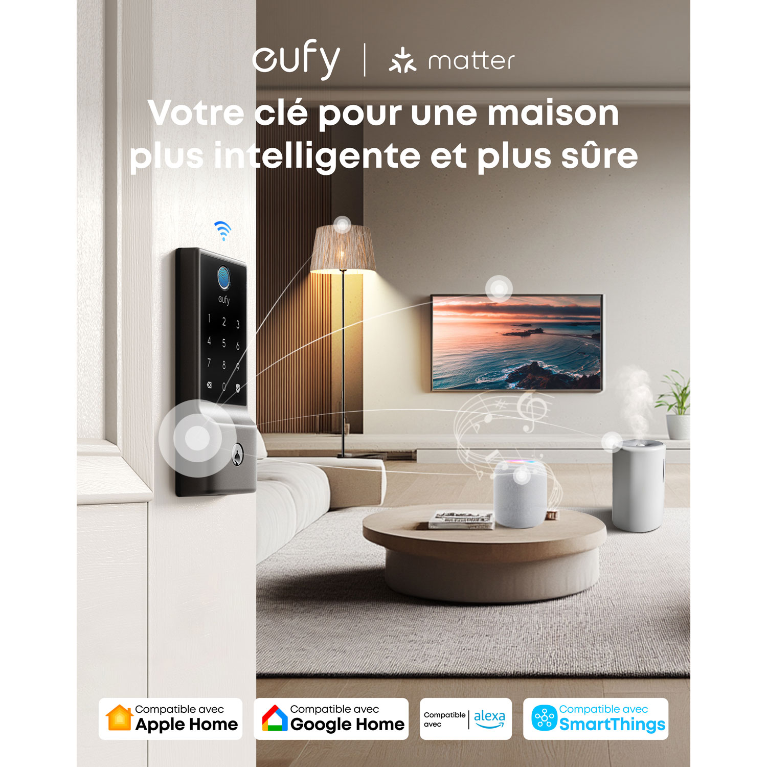 Serrure intelligente Bluetooth/Wi-Fi à ouverture par empreintes digitales sans clé E31 avec clavier et clé d'eufy Security - Noir