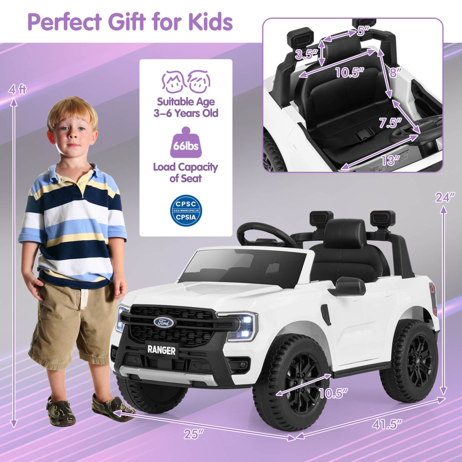 Costway 12V Licensed Ford Ranger Kids Ride on Car with Remote Control Storage Basket