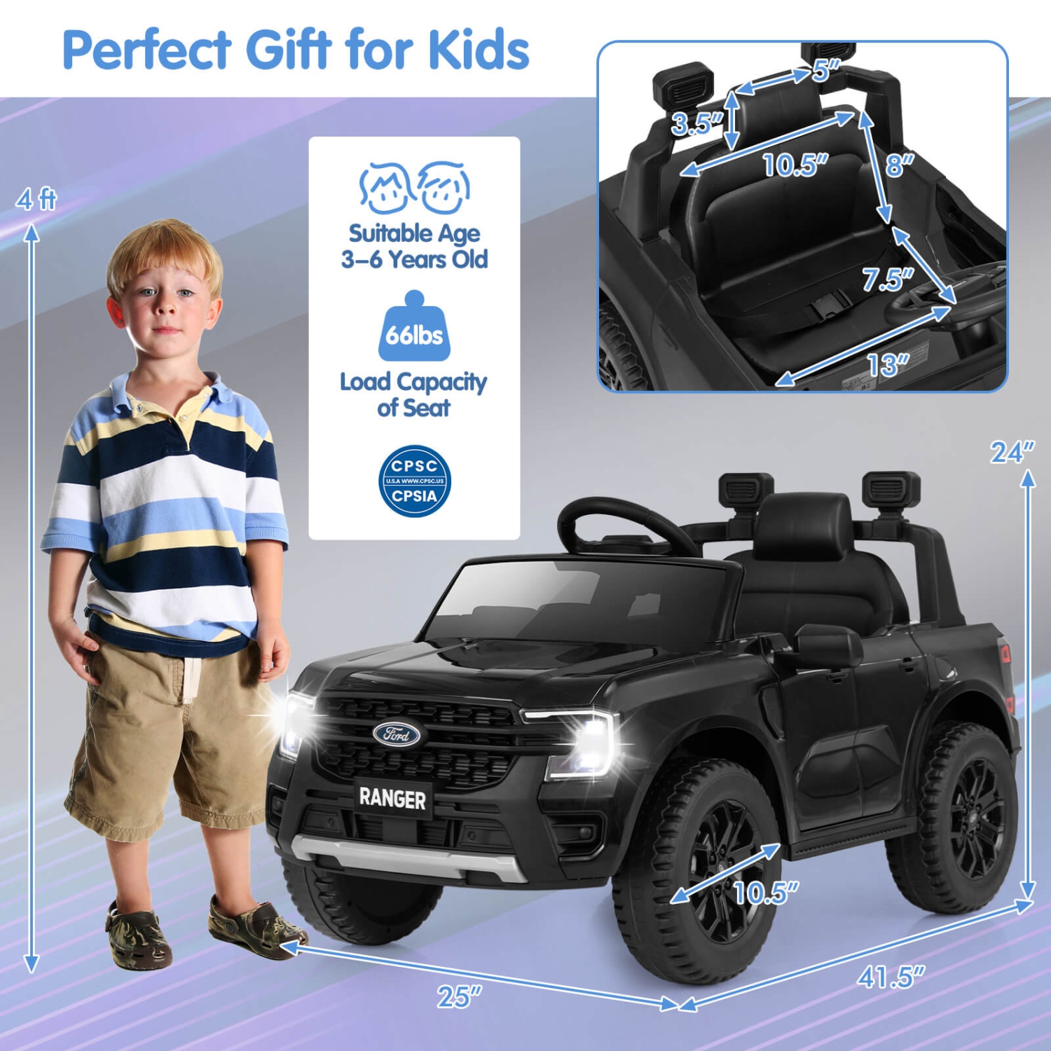 Costway 12V Licensed Ford Ranger Kids Ride on Car with Remote Control Storage Basket