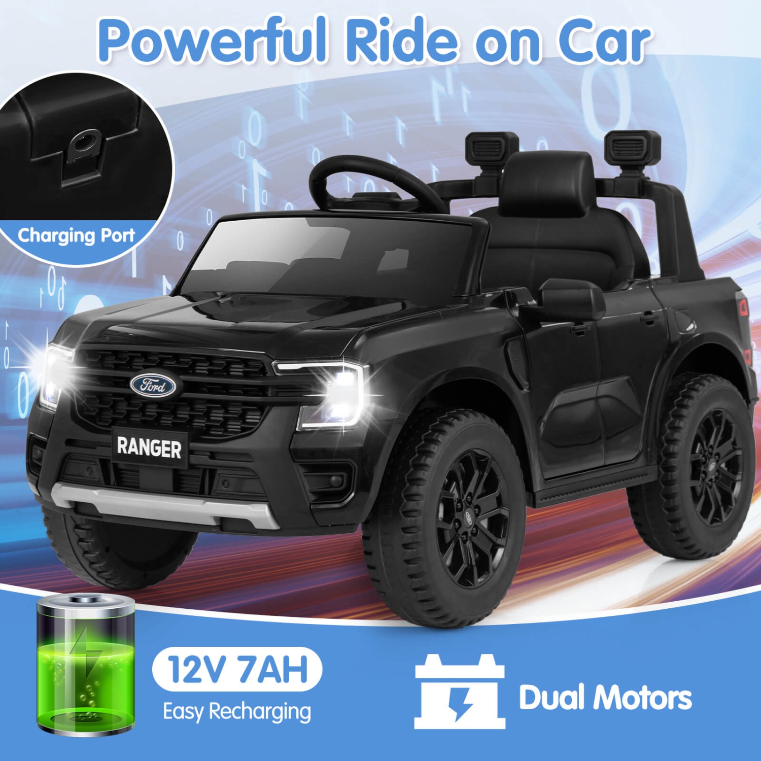 Costway 12V Licensed Ford Ranger Kids Ride on Car with Remote Control Storage Basket