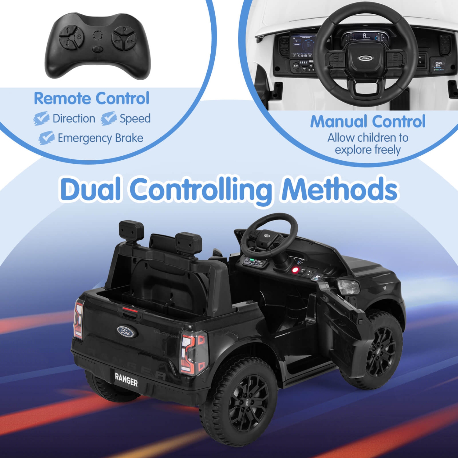 Costway 12V Licensed Ford Ranger Kids Ride on Car with Remote Control Storage Basket