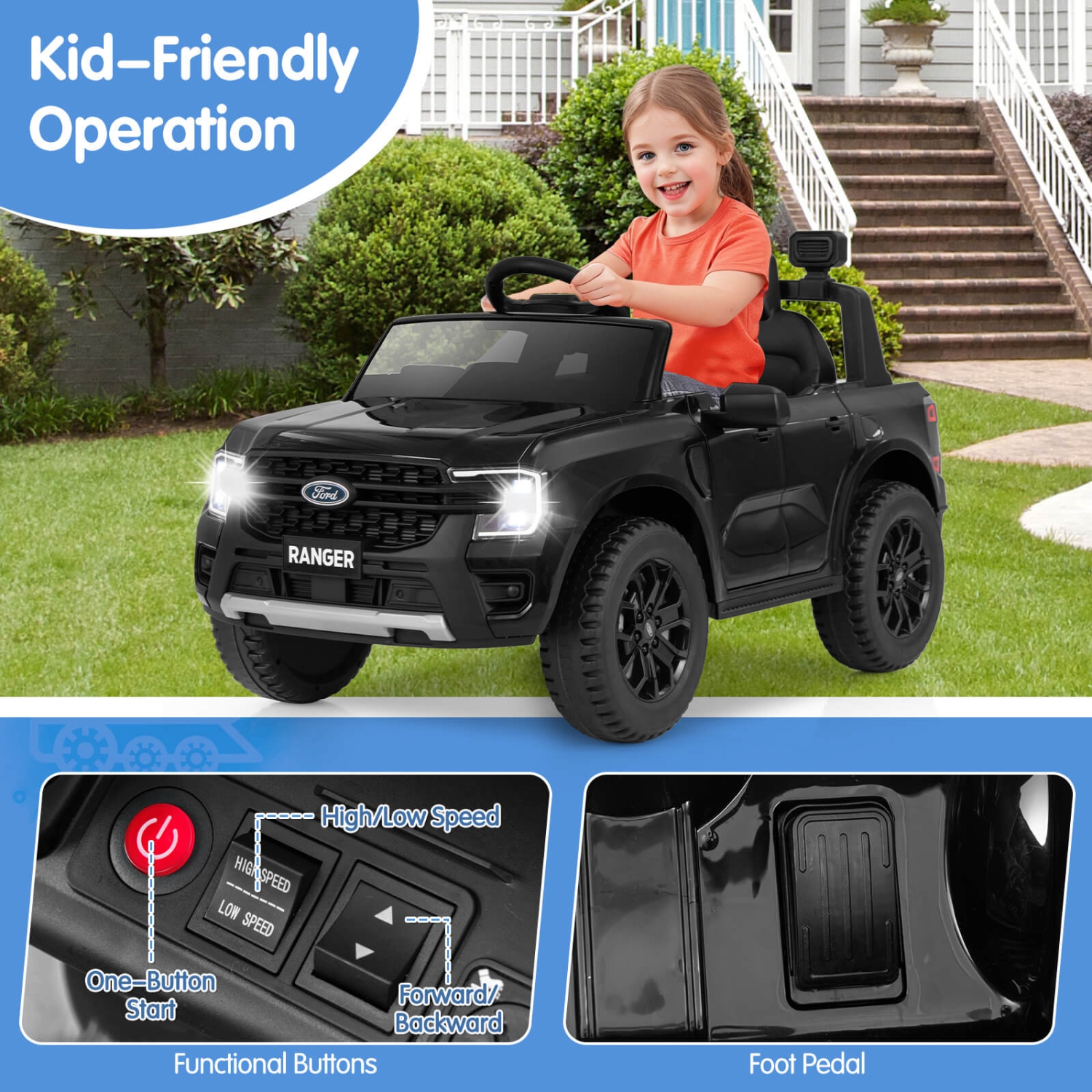 Costway 12V Licensed Ford Ranger Kids Ride on Car with Remote Control Storage Basket