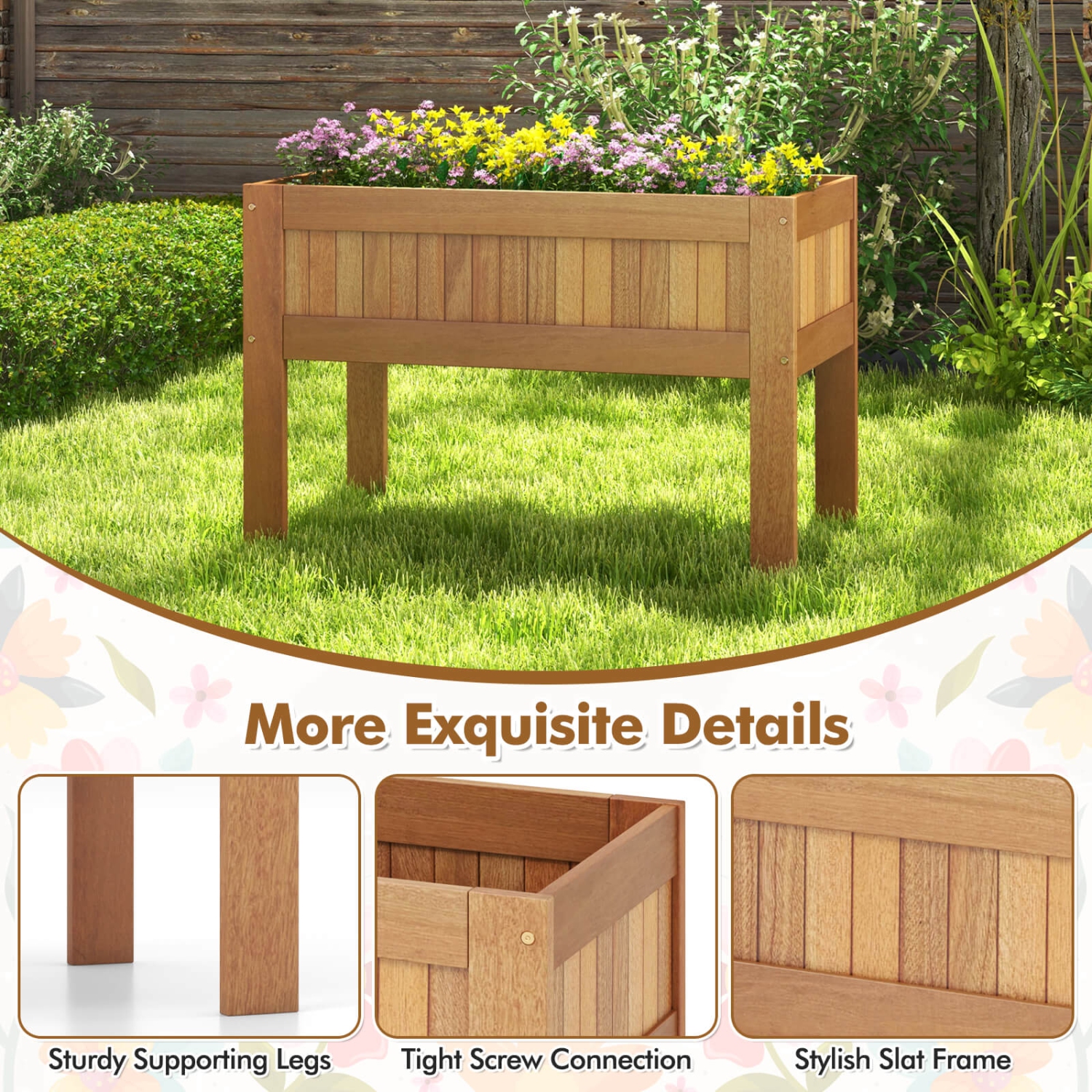 Costway Wooden Elevated Planter Box with Solid Wood Frame & Sturdy Legs Slatted Bottom