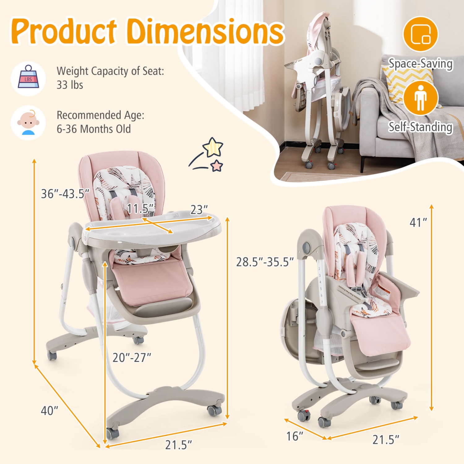 Chaise haute de Costway pour bébés et tout-petits avec repose-pieds à hauteur réglable sur roulettes