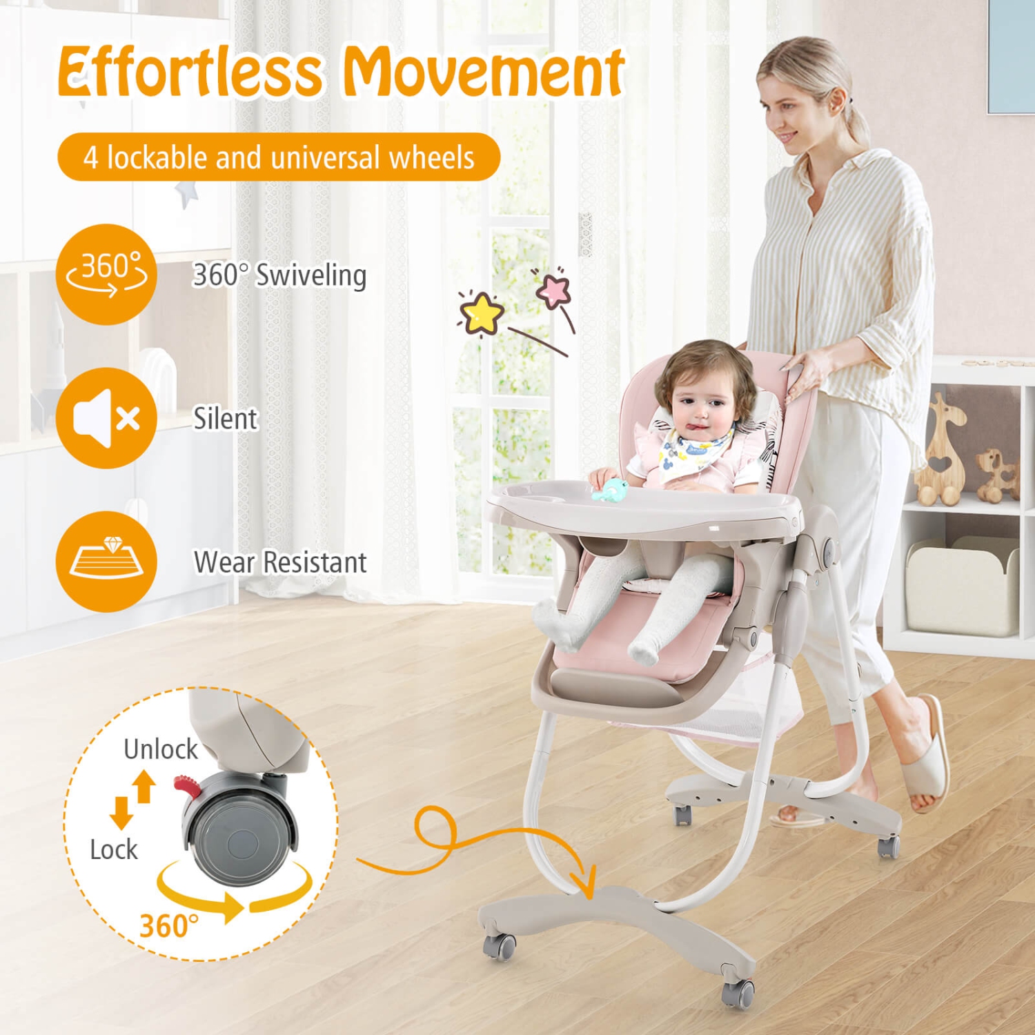 Chaise haute de Costway pour bébés et tout-petits avec repose-pieds à hauteur réglable sur roulettes