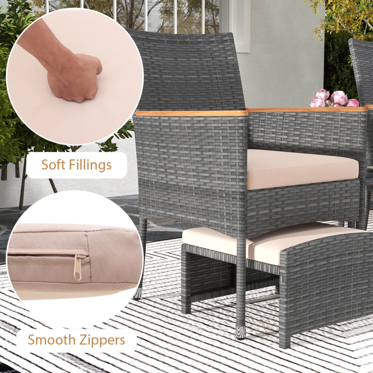 Ensemble patio 5 pièces avec poufs et table en verre trempé de Costway