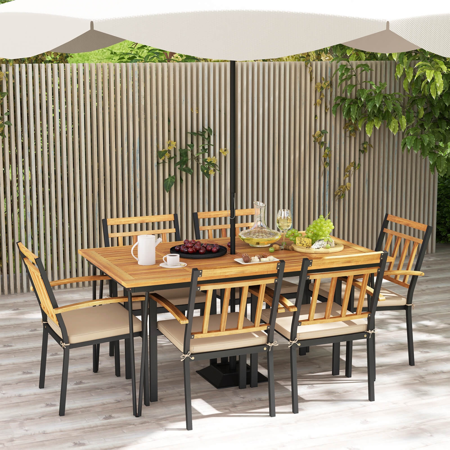 Costway 7 PCS Patio Dining Set with Acacia Wood Dining Table Rattan Armchairs Soft Cushions