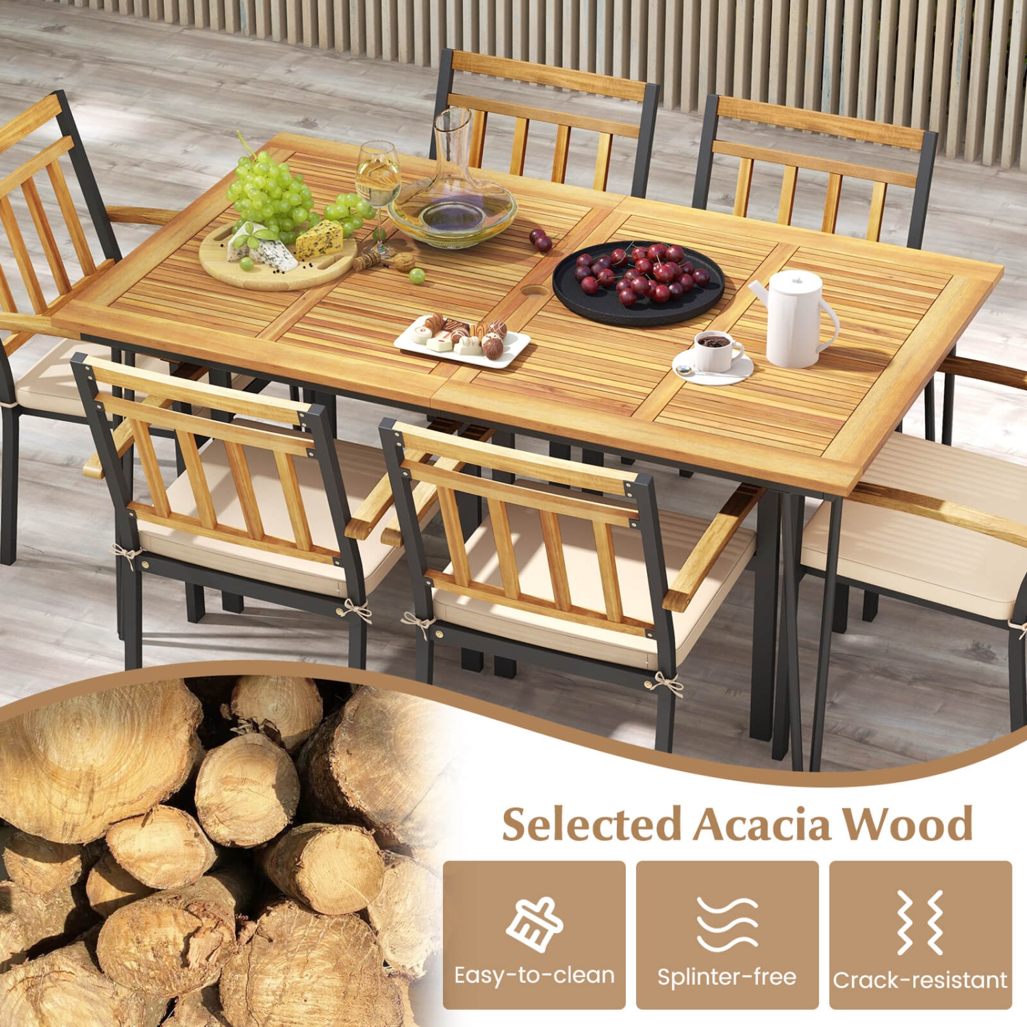 Costway 7 PCS Patio Dining Set with Acacia Wood Dining Table Rattan Armchairs Soft Cushions