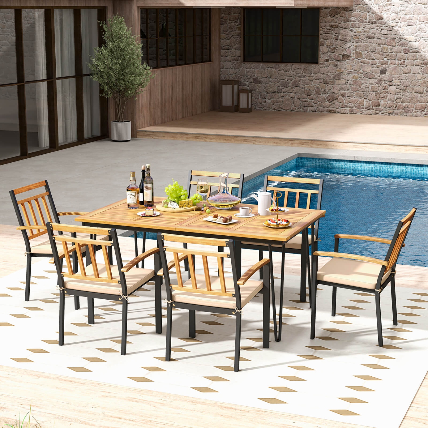 Costway 7 PCS Patio Dining Set with Acacia Wood Dining Table Rattan Armchairs Soft Cushions