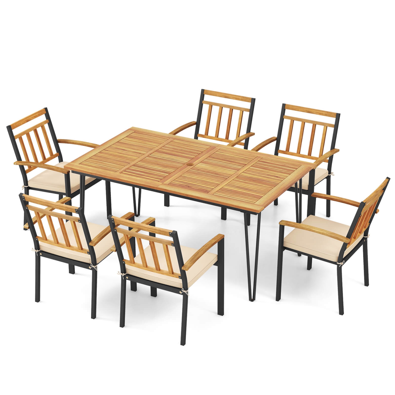 Costway 7 PCS Patio Dining Set with Acacia Wood Dining Table Rattan Armchairs Soft Cushions