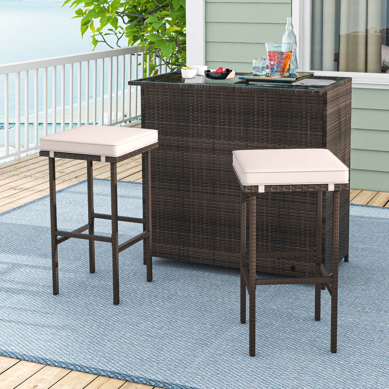 Costway 3 PCS Patio Bar Set with Tempered Glass Tabletop 2-Tier Storage Removable Cushions