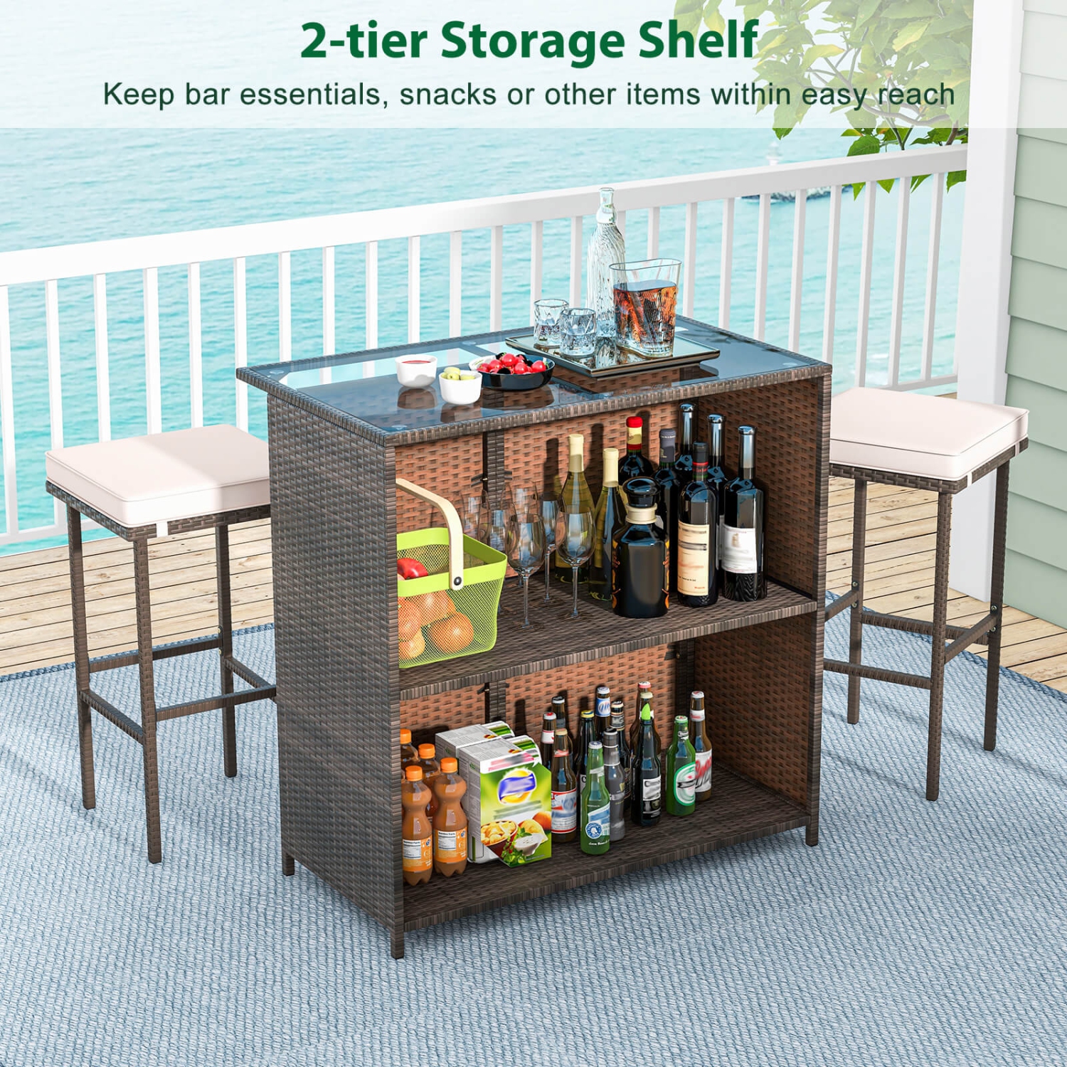 Costway 3 PCS Patio Bar Set with Tempered Glass Tabletop 2-Tier Storage Removable Cushions