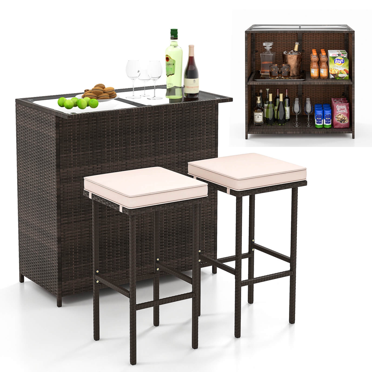 Costway 3 PCS Patio Bar Set with Tempered Glass Tabletop 2-Tier Storage Removable Cushions