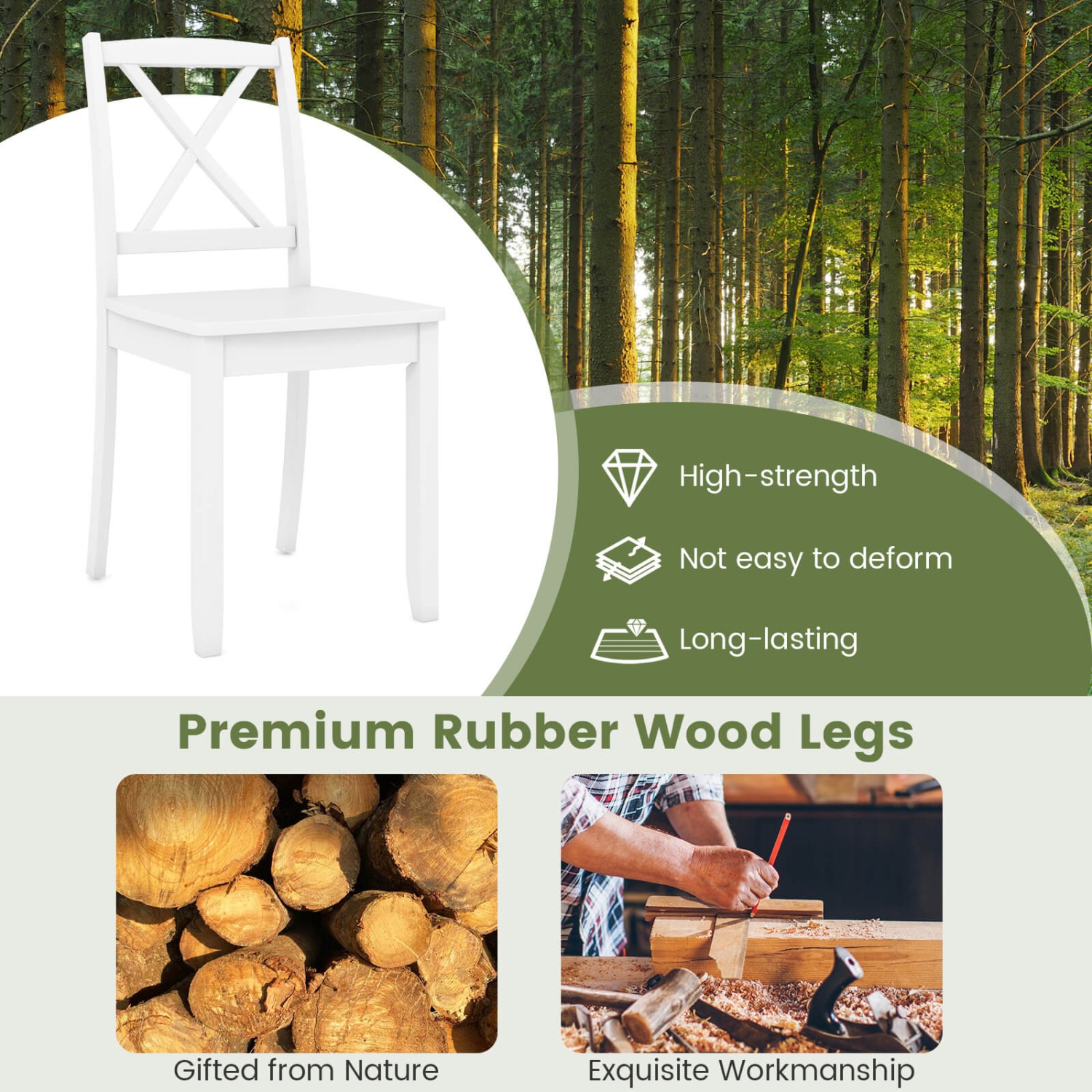 Costway Dining Chair Set of 2 Kitchen Side Chairs with Rubber Wood Legs & Cross Back