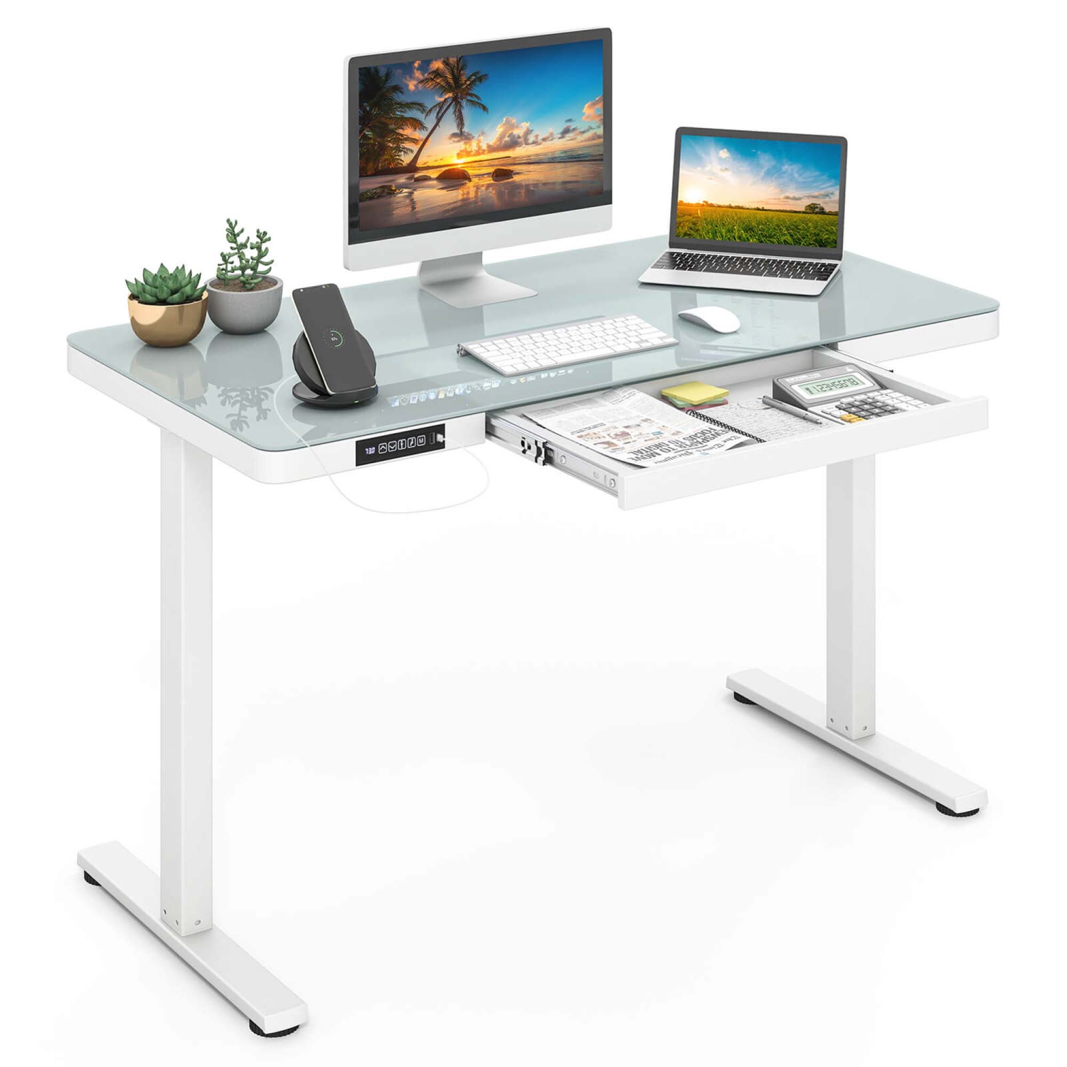 Costway 48" x 24" Whole-Piece Glass Standing Desk w/Drawers Writable Tempered Glass Top