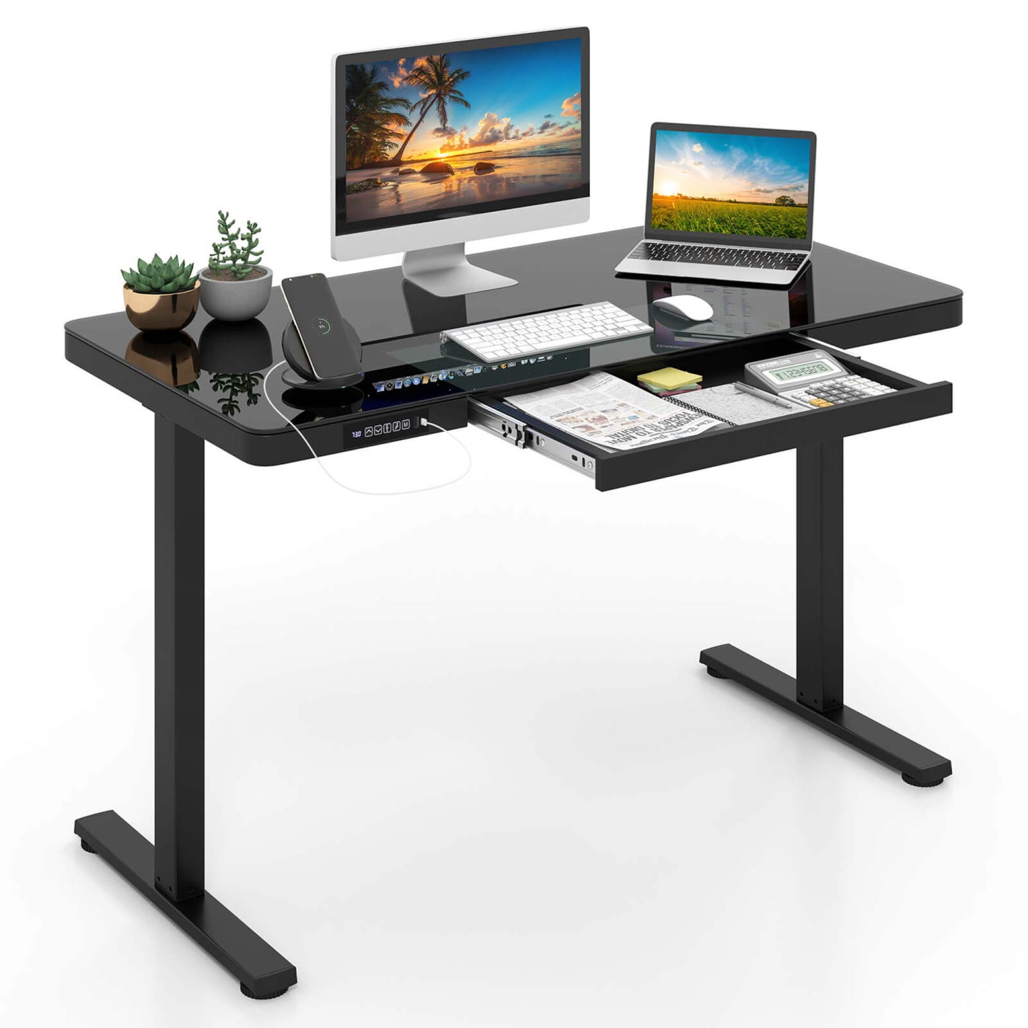 Costway 48" x 24" Whole-Piece Glass Standing Desk w/Drawers Writable Tempered Glass Top