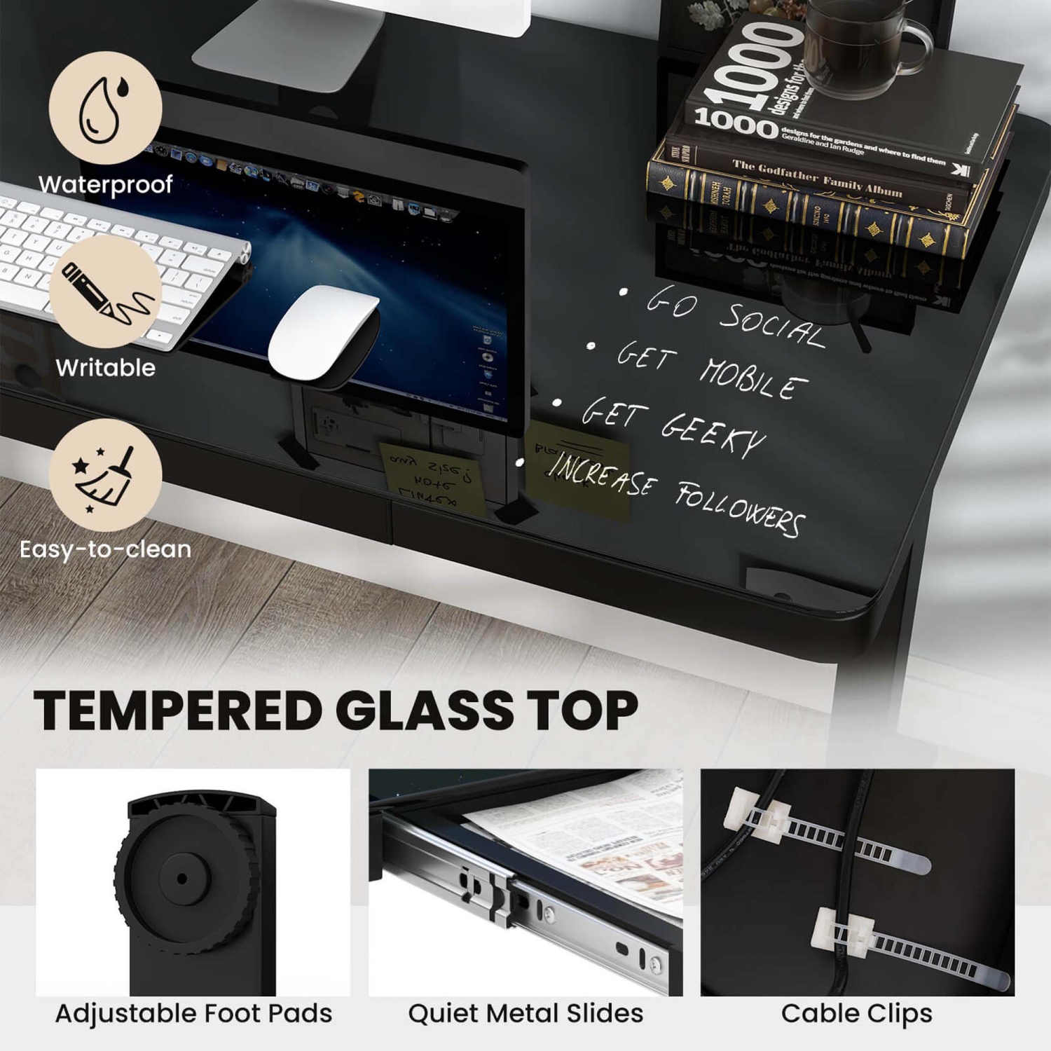 Bureau debout en verre trempé avec tiroirs 48 x 24 po de Costway