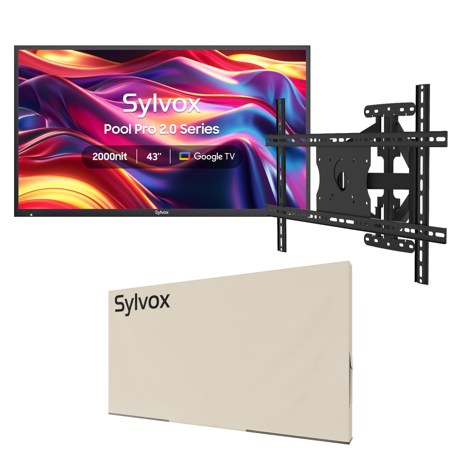 SYLVOX 43" Outdoor Smart TV + TV Mount + Cover 4K 2000nits Google Outside Television Built-in Google Assistant, Chormecast, IP55 Waterproof TV for