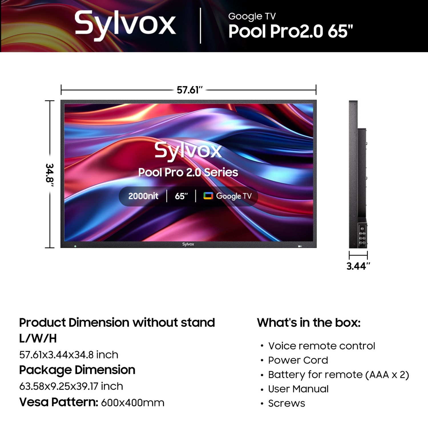 SYLVOX 65" Outdoor Smart TV + TV Mount + Cover 4K 2000nits Google Outside Television Built-in Google Assistant, Chormecast, IP55 Waterproof TV for