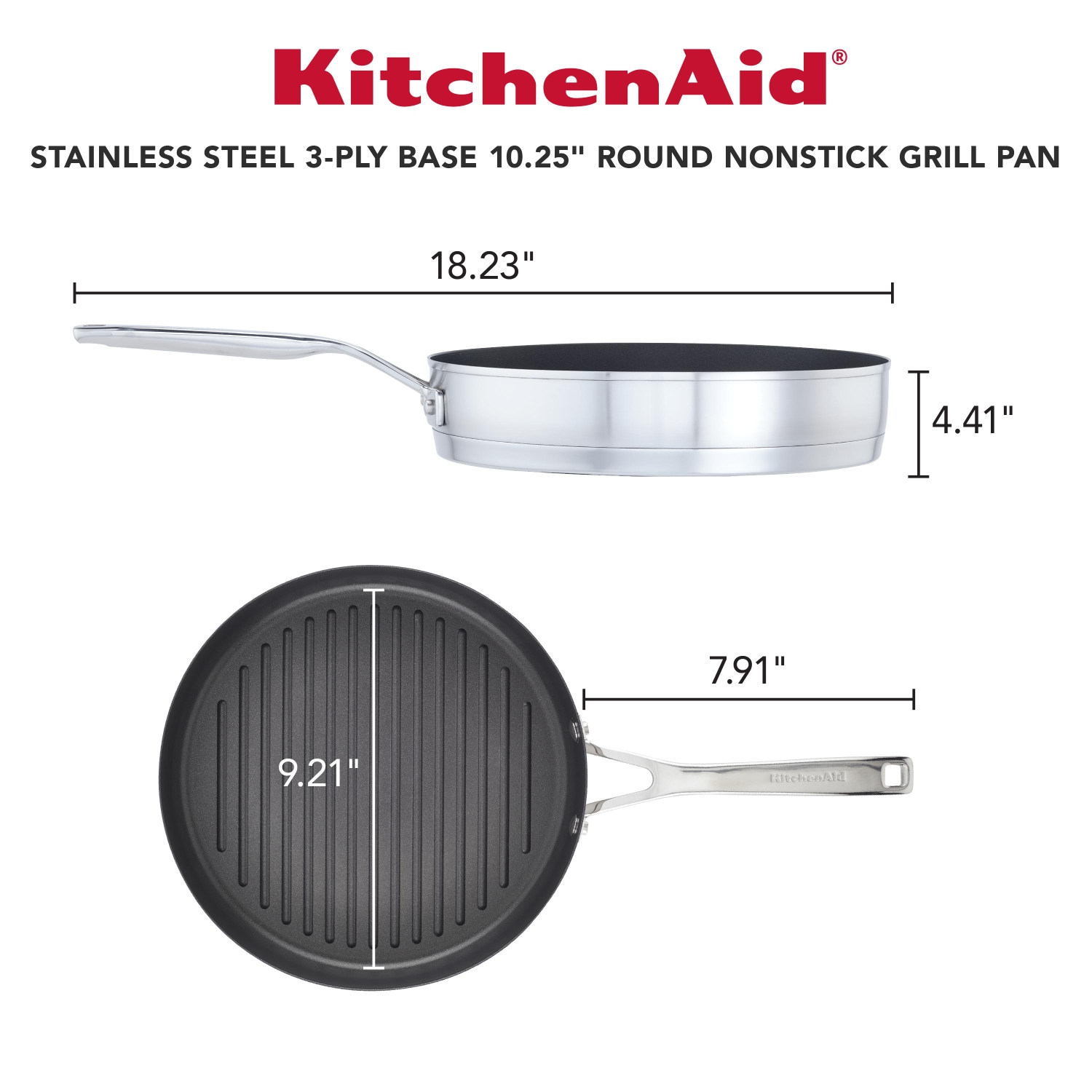 Poêle à griller ronde antiadhésive KitchenAid, 3 épaisseurs, acier inoxydable, 10,25 po, acier inoxydable brossé