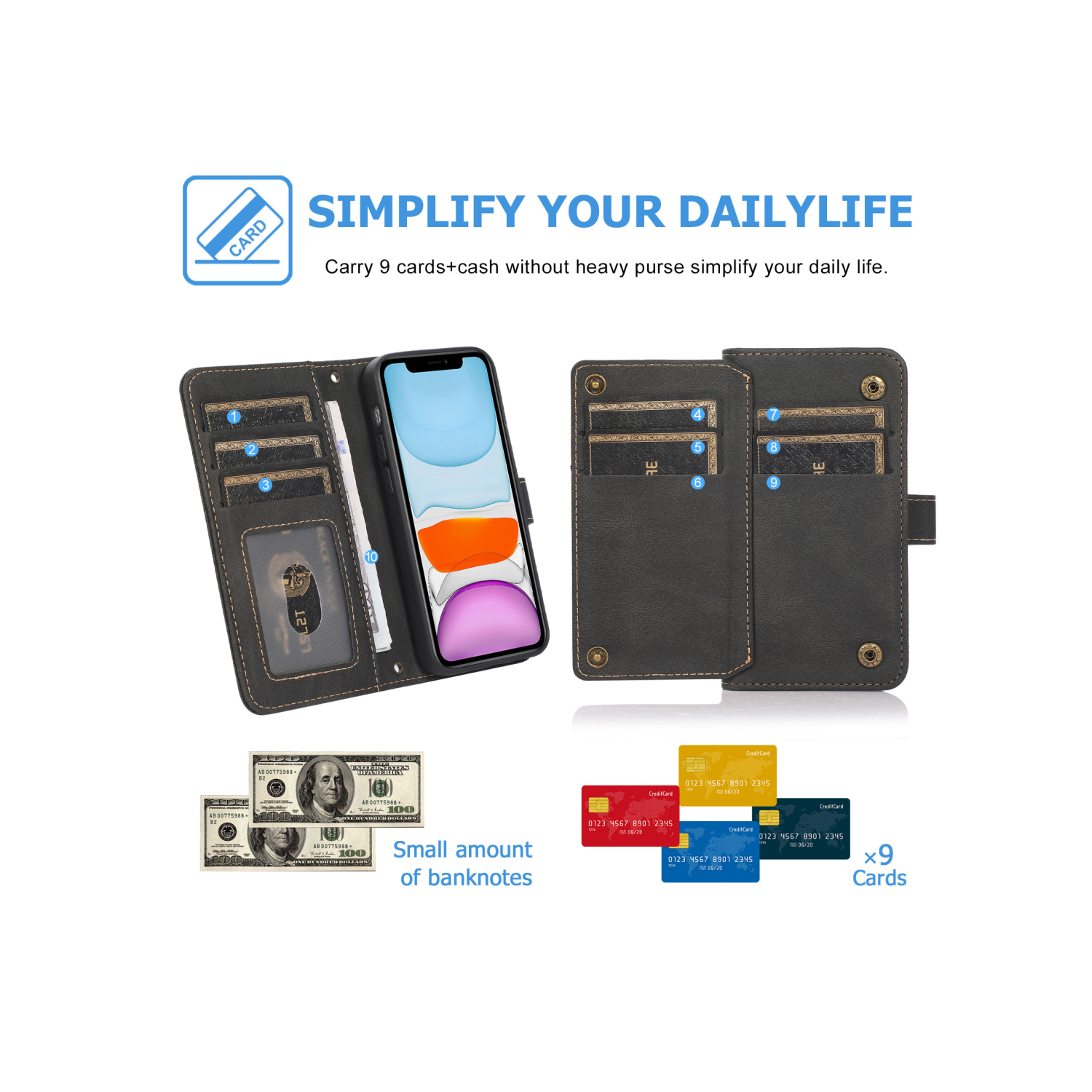 Étui-portefeuille en cuir magnétique étui-portefeuille rabat en cuir antichoc avec 9 fentes pour cartes de crédit pour iPhone 14 PRO - EXPÉDITION