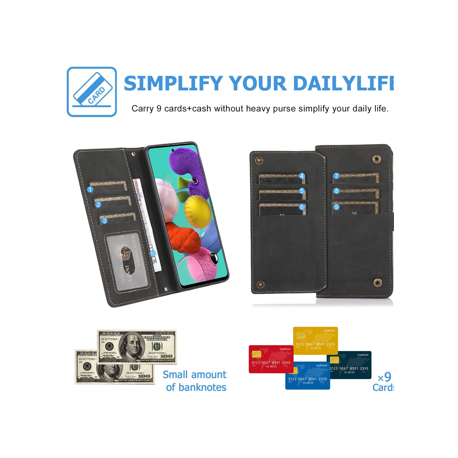 Étui-portefeuille en cuir magnétique étui-portefeuille rabat en cuir antichoc avec 9 fentes pour cartes de crédit pour iPhone 14 - EXPÉDITION GRATUITE