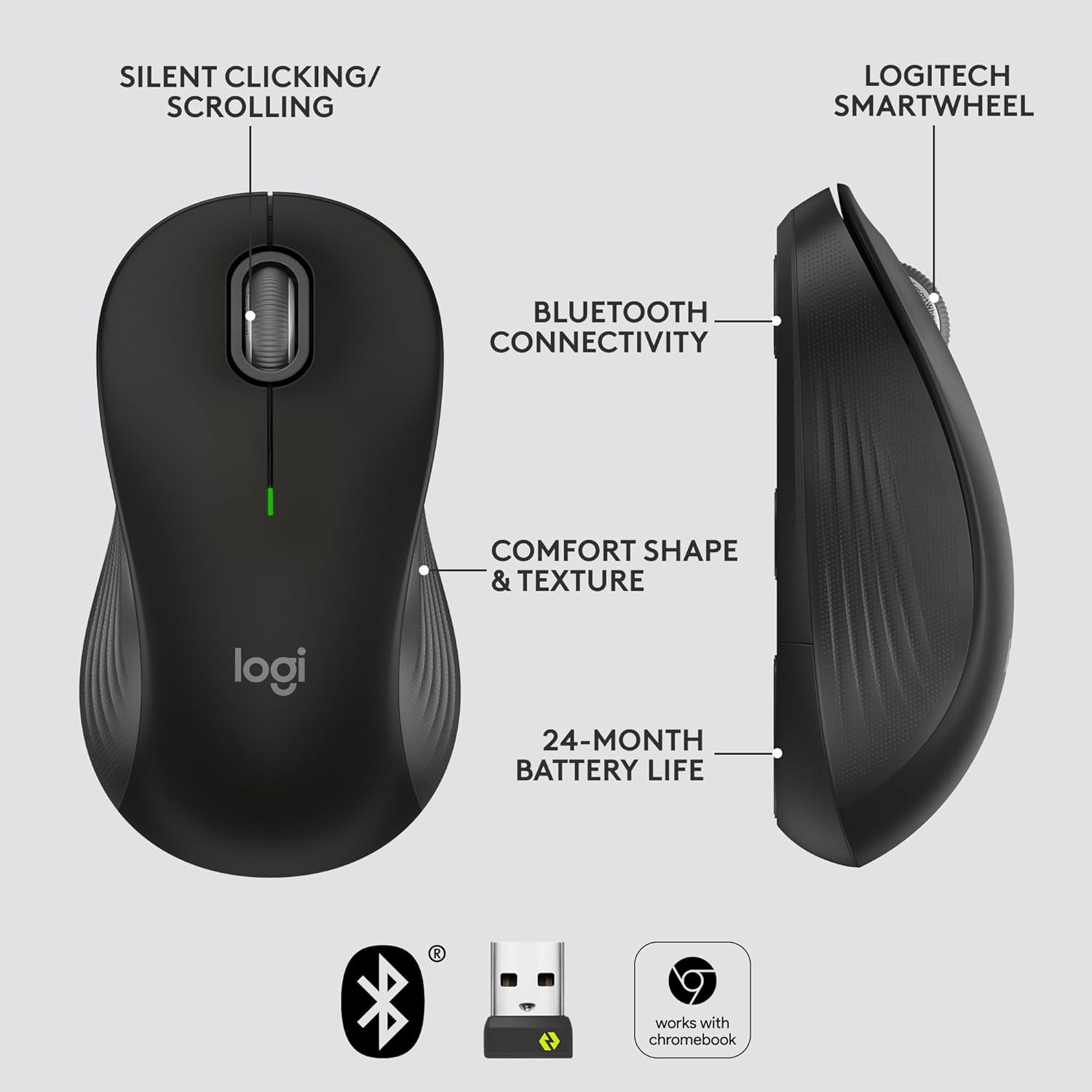 Refurbished Logitech Signature M550 L Full Size Wireless Mouse - for Large Sized Hands, 2-Year Battery, Silent Clicks, Bluetooth, Multi-Device
