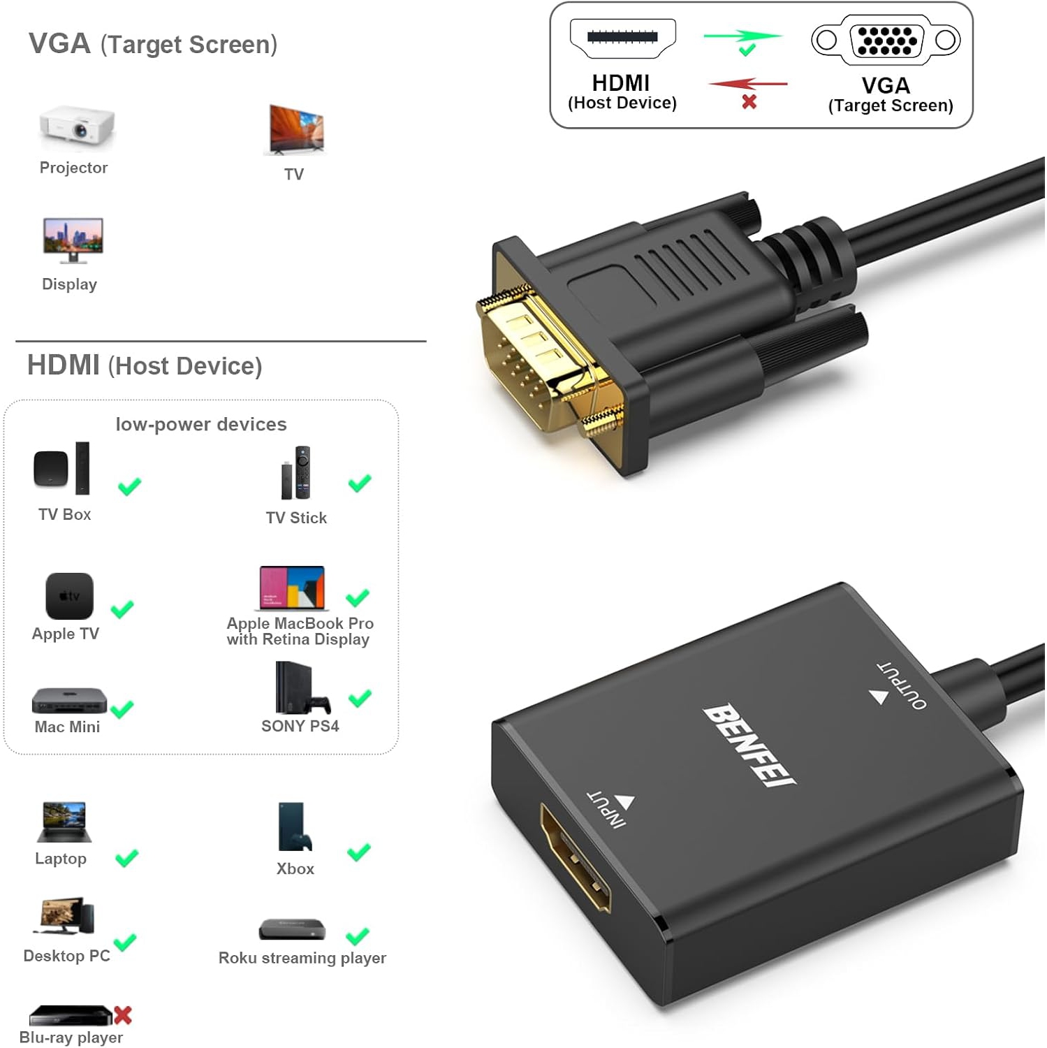 Adaptateur HDMI vers VGA de BENFEI, HDMI unidirectionnel vers VGA (écran) (femelle vers mâle) avec prise audio 3,5&nbsp;mm