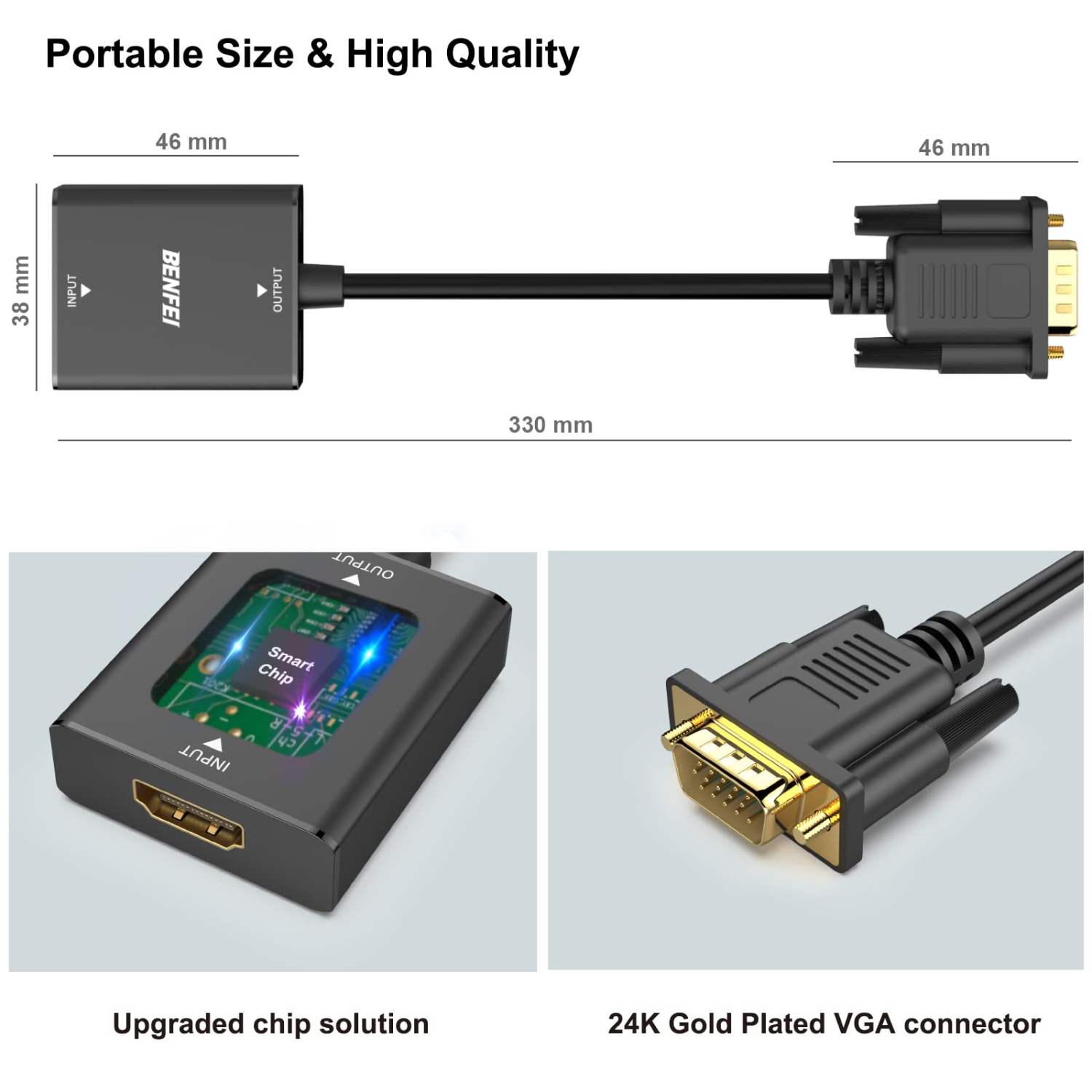 Adaptateur HDMI vers VGA de BENFEI, HDMI unidirectionnel vers VGA (écran) (femelle vers mâle) avec prise audio 3,5&nbsp;mm