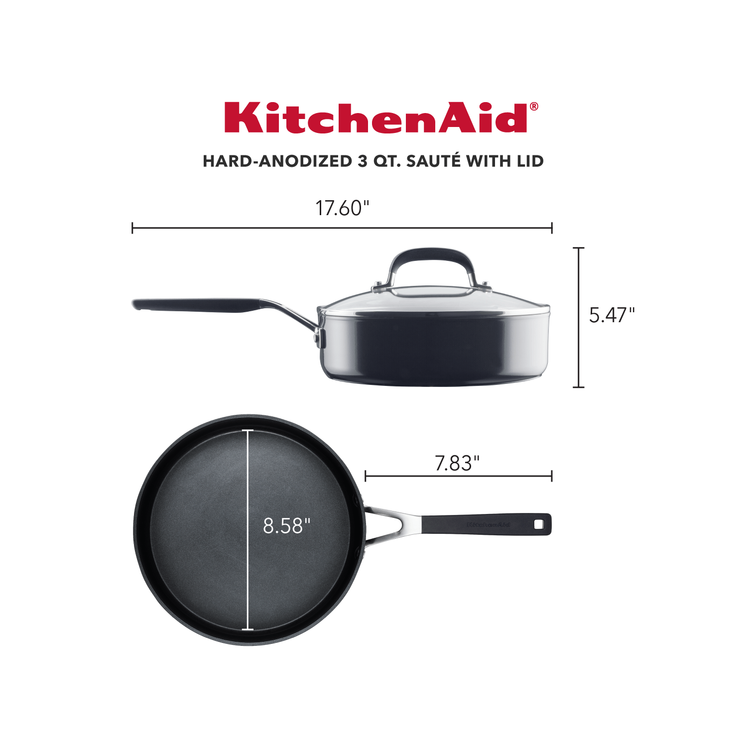 Sauteuse anodisée dure antiadhésive KitchenAid avec couvercle, 3 pintes, noir onyx
