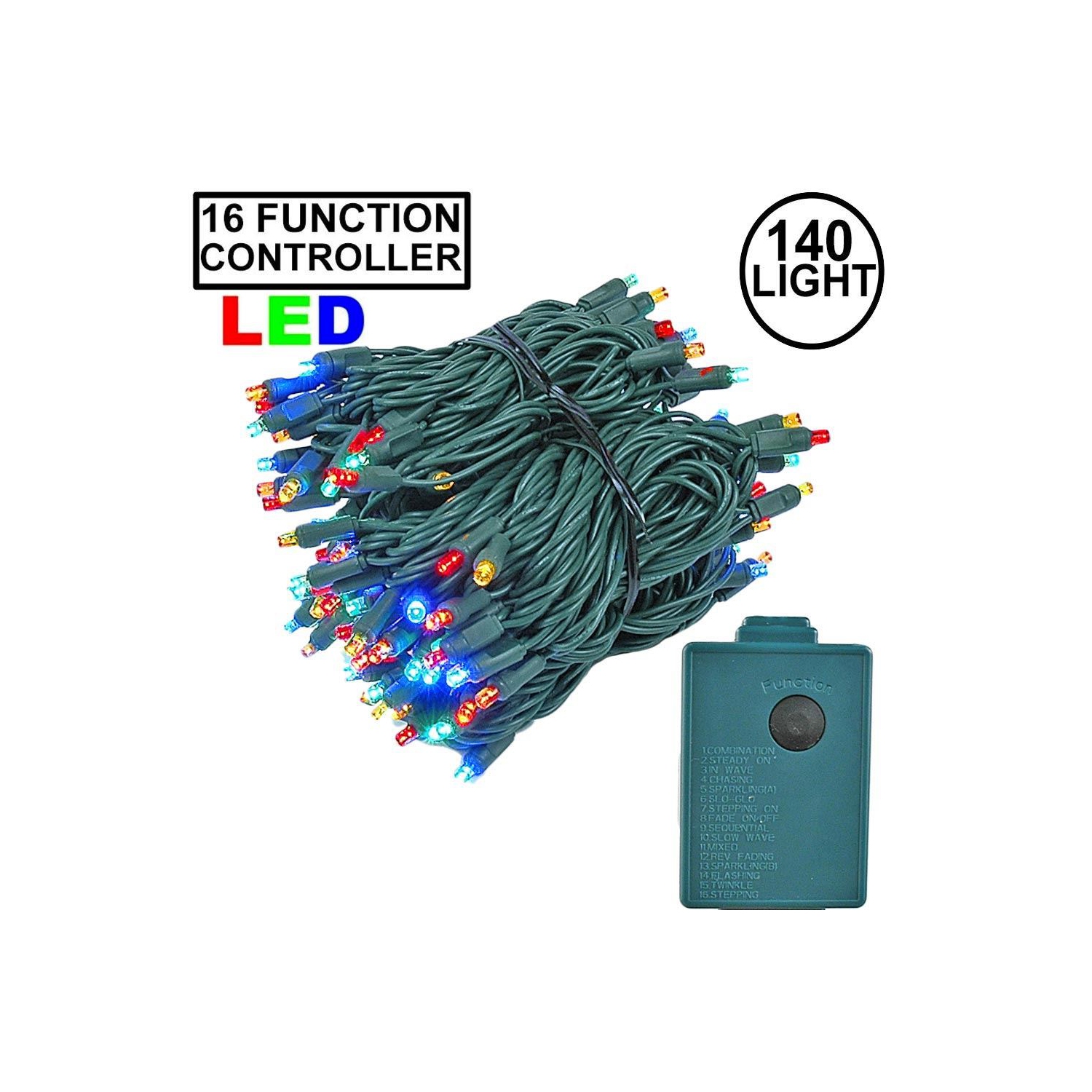 Novelty Lights 46.5 Feet 140 Light LED Chasing Christmas String, 16 Function Controller on Green Wire, UL Listed for Indoor/Outdoor Use