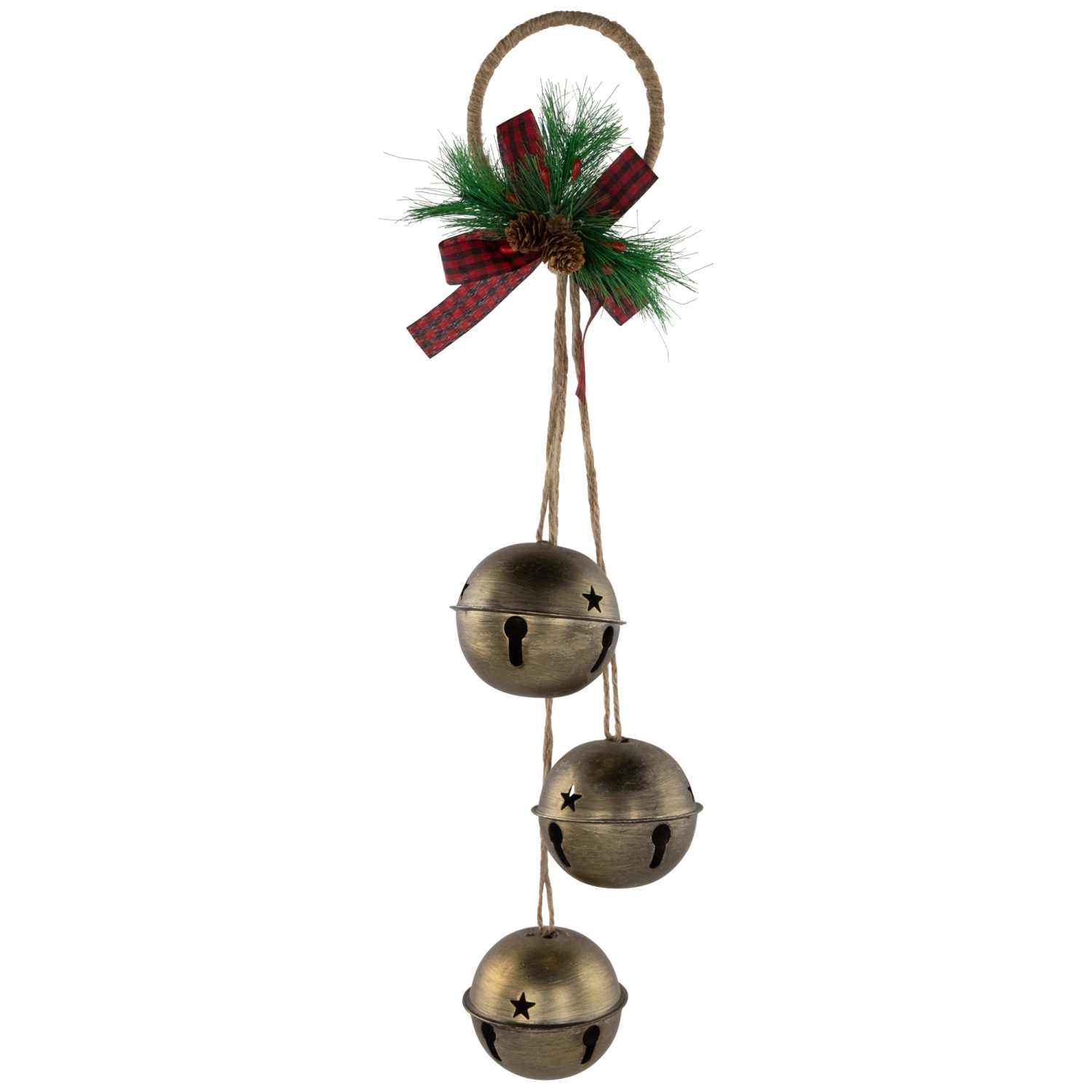 Jingle Bells with Plaid Bow Hanging Christmas Decoration - 20" - Gold