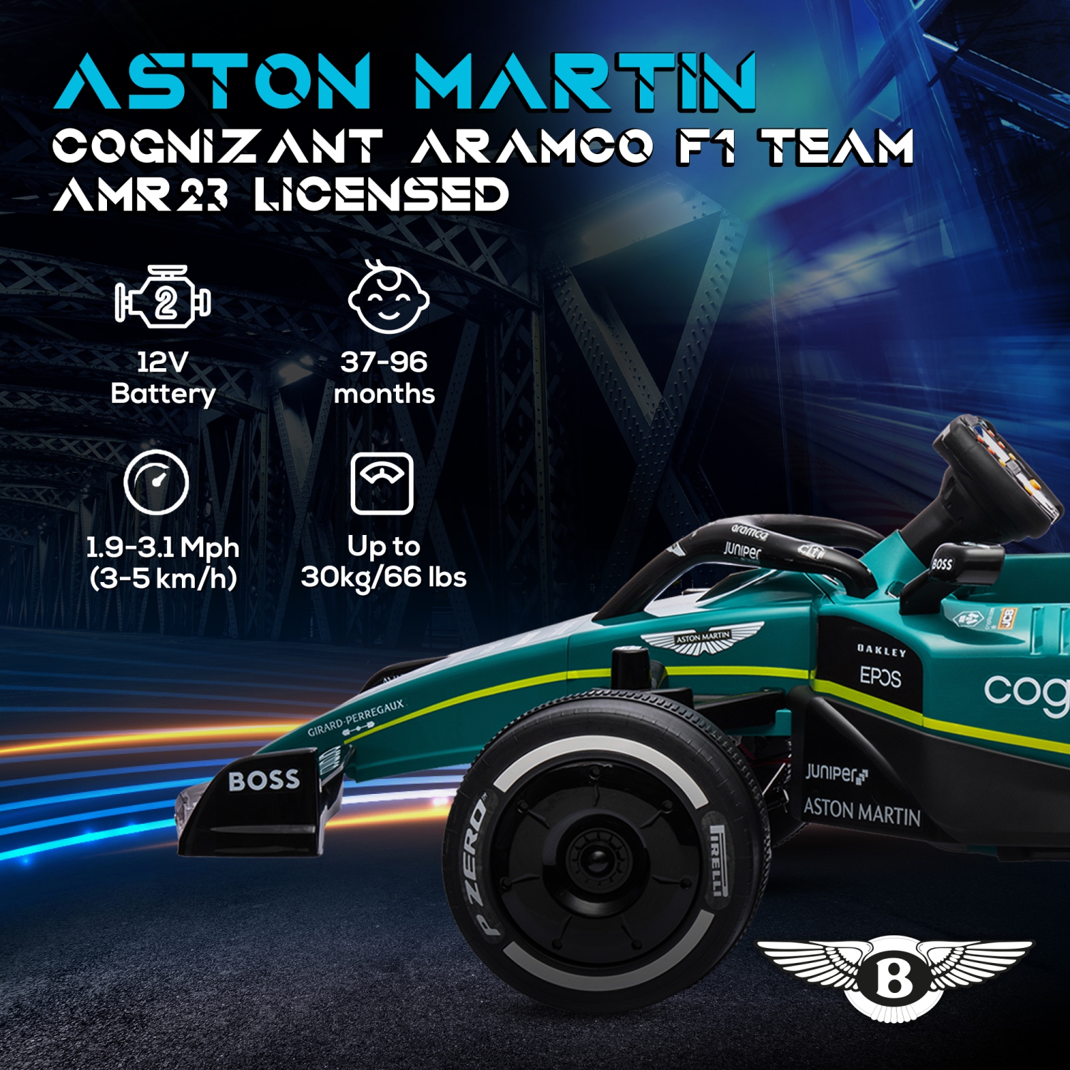 Qaba Aston Martin F1 Team AMR23 Licensed Electric Go Kart, 12V 3 MPH Kids Ride on Car with 4 Shock-Absorbing Wheels, Bluetooth, Remote Control,