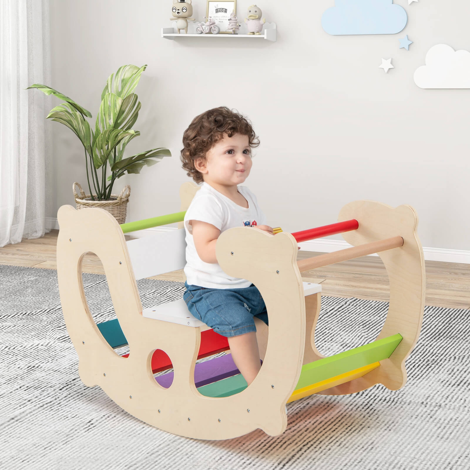 Arche de chevaux à bascule 2-en-1 pour enfants Montessori avec chaise berçante de Costway