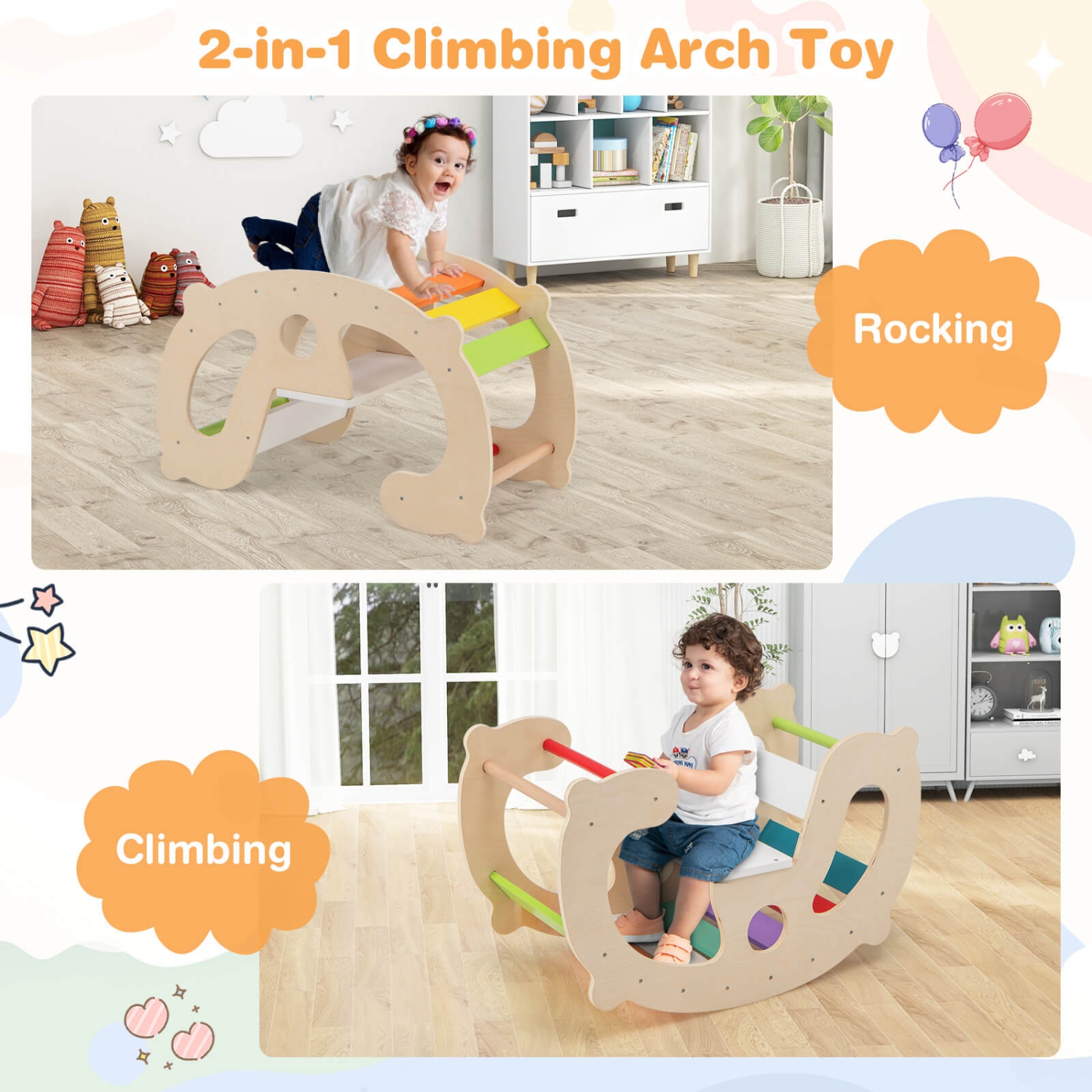 Arche de chevaux à bascule 2-en-1 pour enfants Montessori avec chaise berçante de Costway