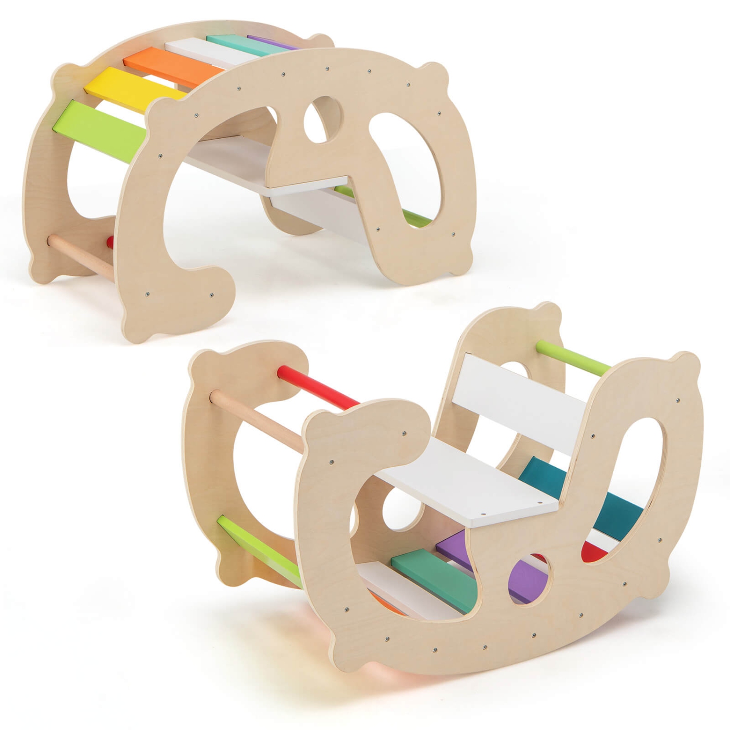 Arche de chevaux à bascule 2-en-1 pour enfants Montessori avec chaise berçante de Costway