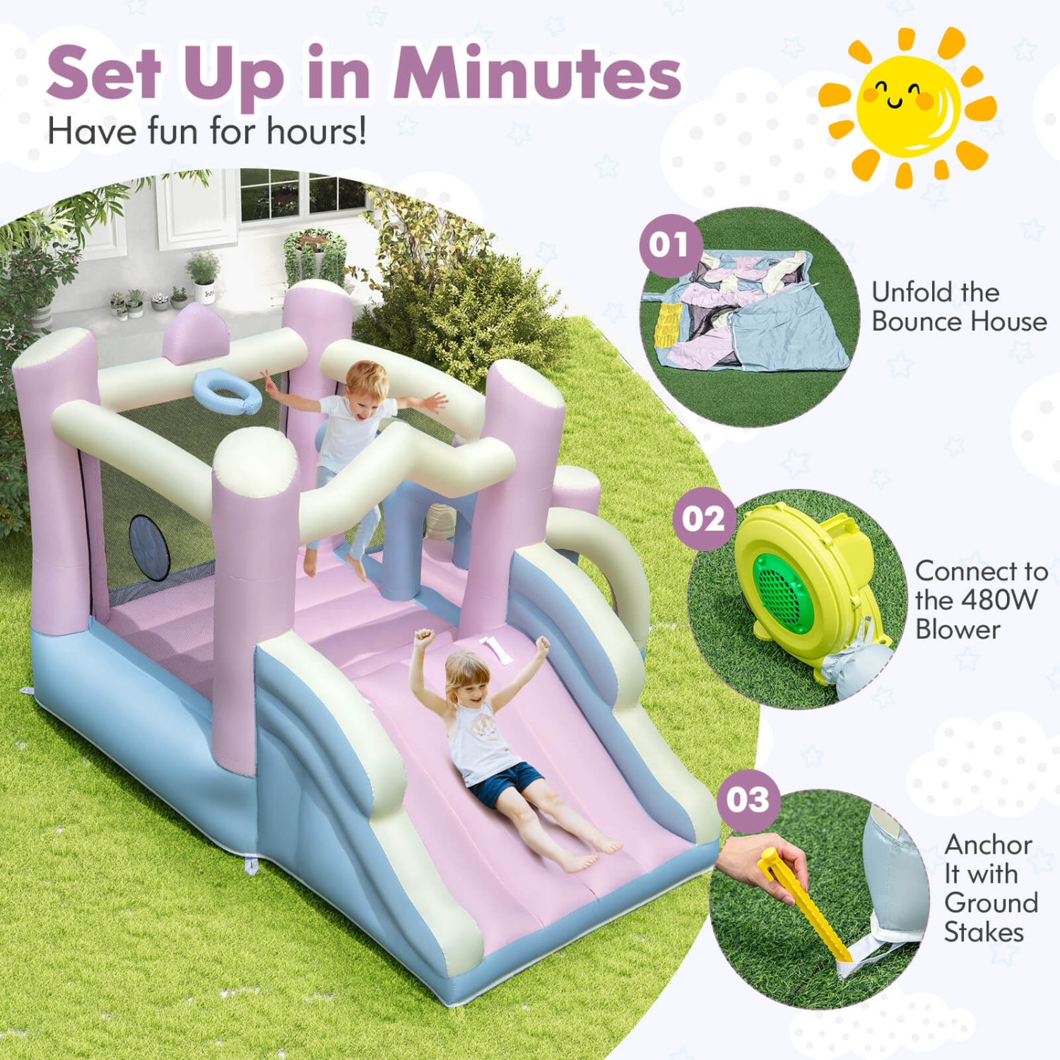 Costway Macron Pastel Bounce House with Slide Basketball Hoop Boxing 480W Blower Included