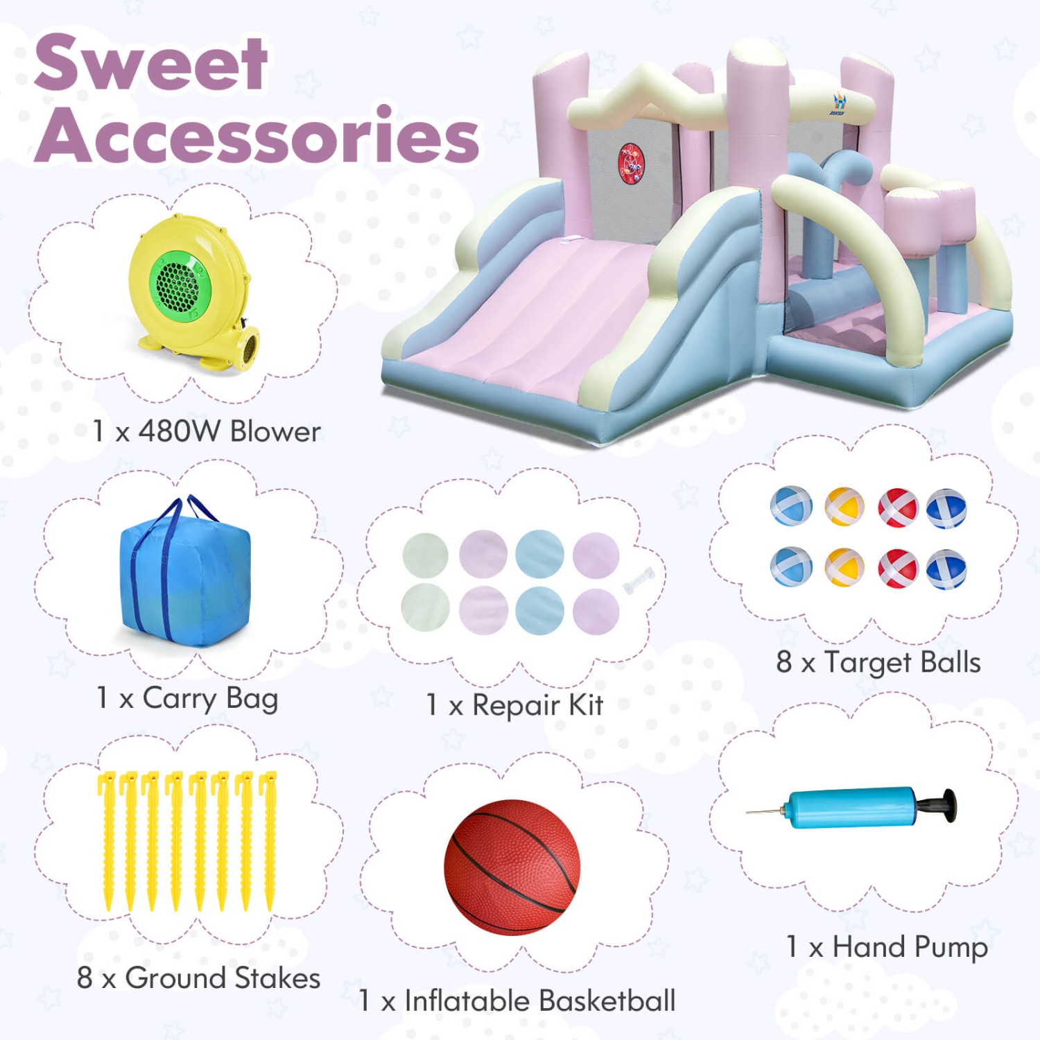 Costway Macron Pastel Bounce House with Slide Basketball Hoop Boxing 480W Blower Included