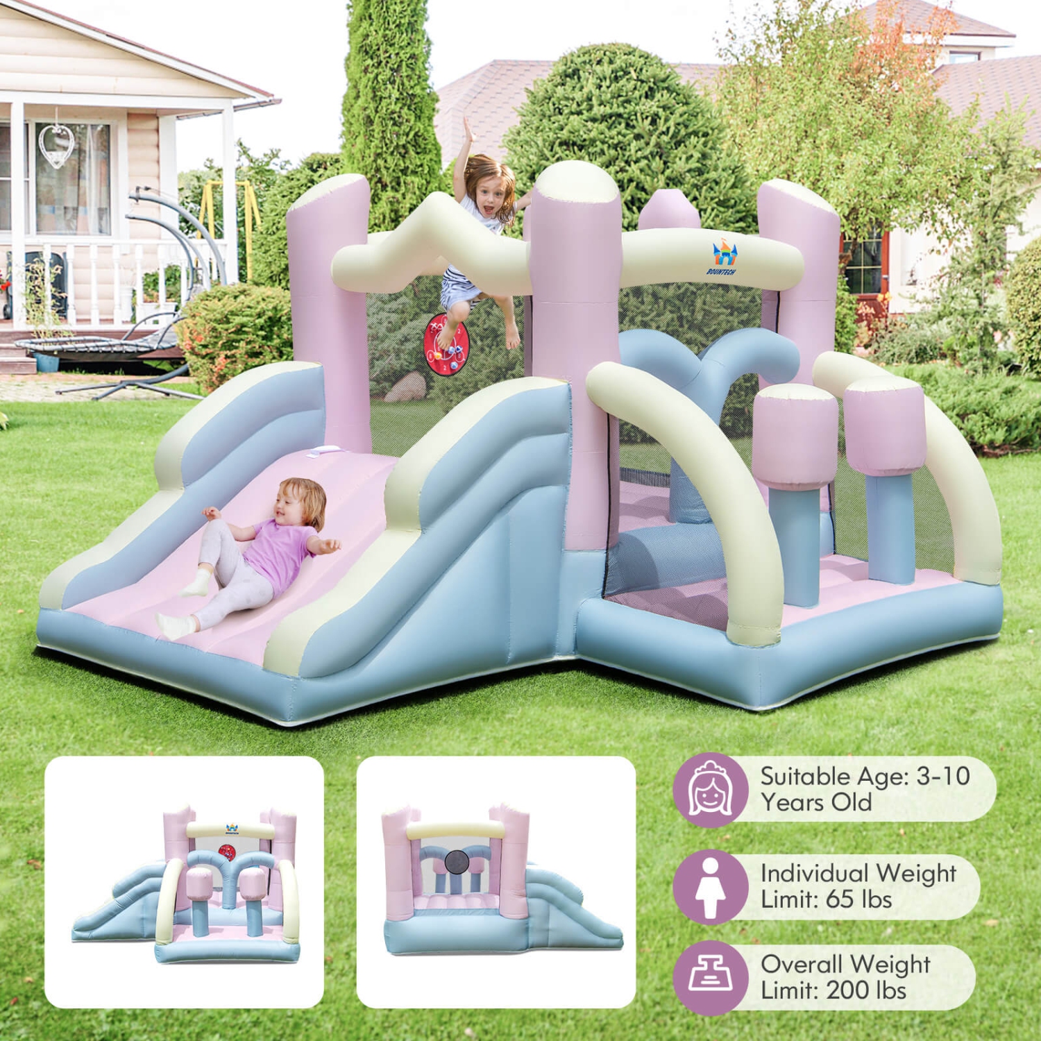 Costway Macron Pastel Bounce House with Slide Basketball Hoop Boxing Blower Not Included