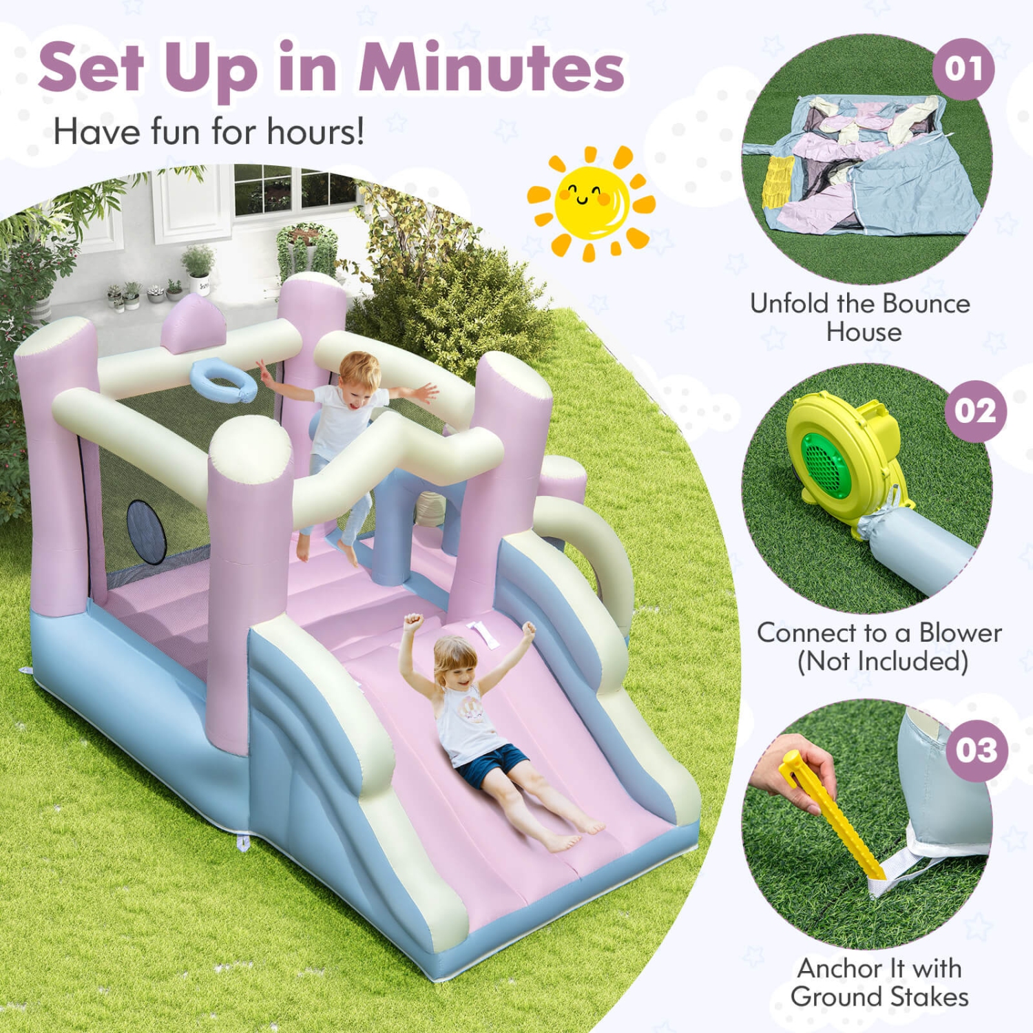 Costway Macron Pastel Bounce House with Slide Basketball Hoop Boxing Blower Not Included