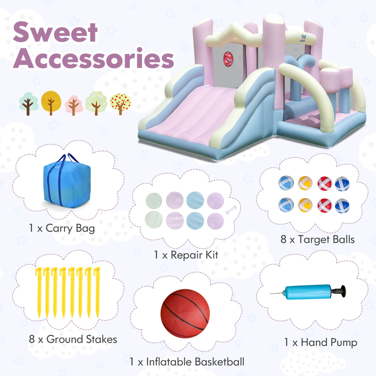 Costway Macron Pastel Bounce House with Slide Basketball Hoop Boxing Blower Not Included