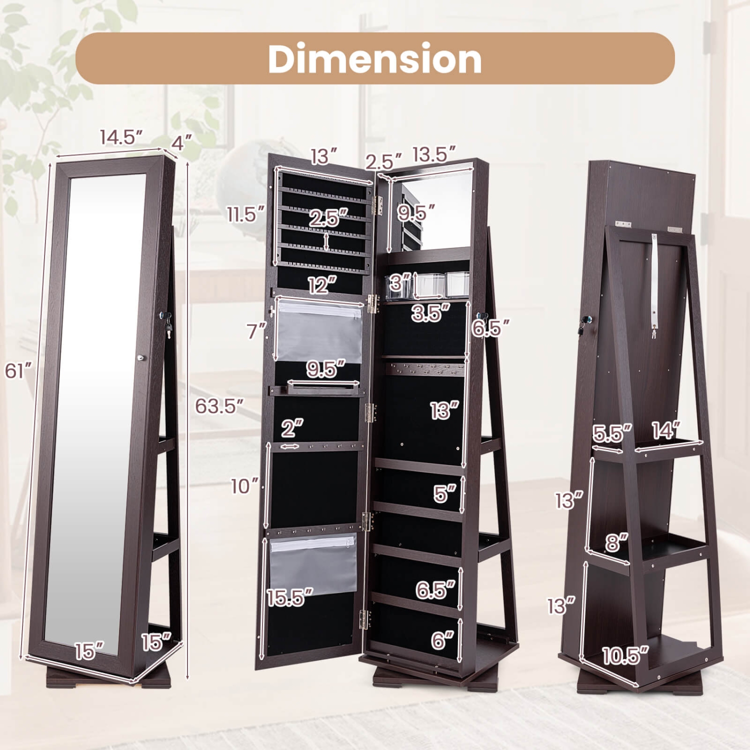 Costway 360degree Rotatable Jewelry Cabinet 2-in-1 Lockable Mirrored Organizer