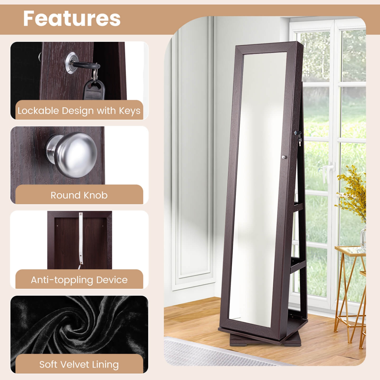 Costway 360degree Rotatable Jewelry Cabinet 2-in-1 Lockable Mirrored Organizer