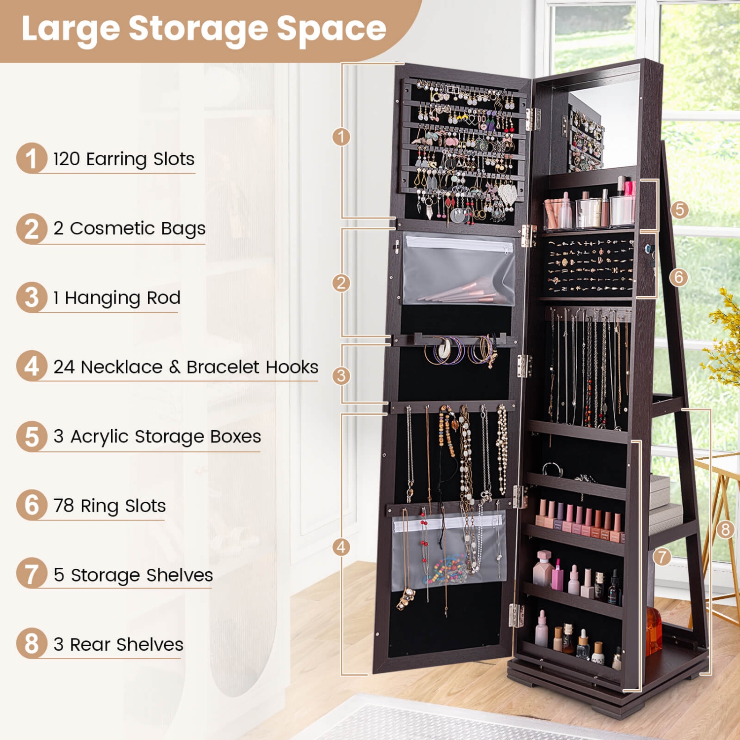 Costway 360degree Rotatable Jewelry Cabinet 2-in-1 Lockable Mirrored Organizer