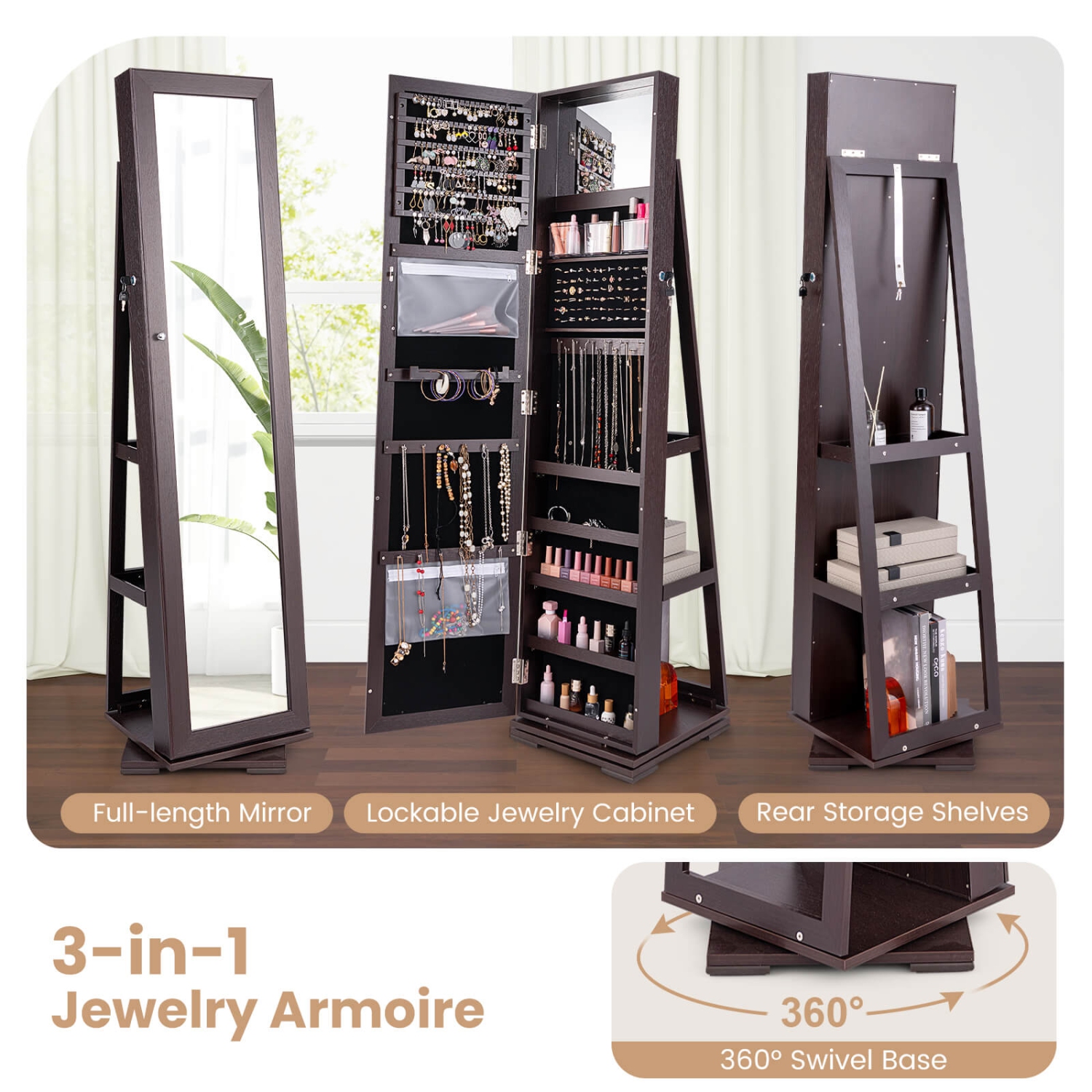 Costway 360degree Rotatable Jewelry Cabinet 2-in-1 Lockable Mirrored Organizer