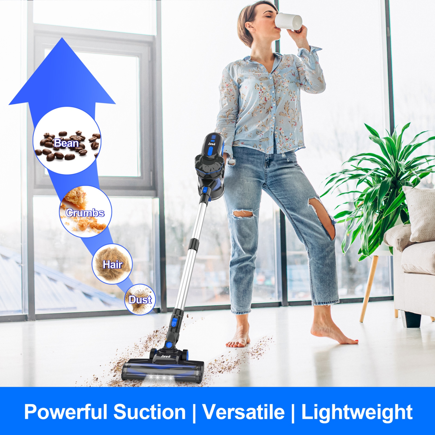 INSE V770 40Kpa Powerful Cordless Vacuum Cleaner with 2200mAh Battery 6-in-1 Rechargeable Battery up to 45mins Runtime Lightweight for Hardwood