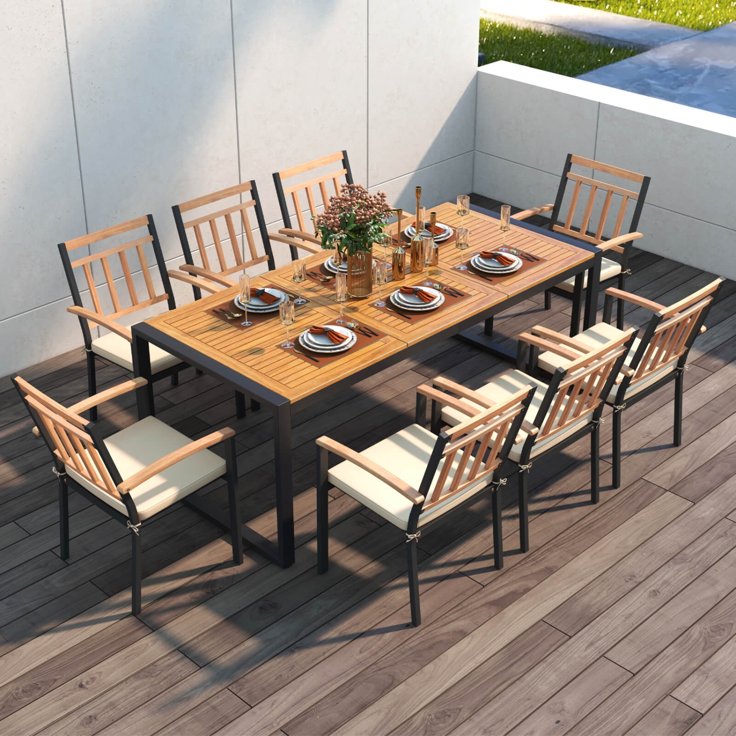 Costway 9 Pieces Patio Dining Set with Soft Cushions and 1.9" Umbrella Hole for Garden