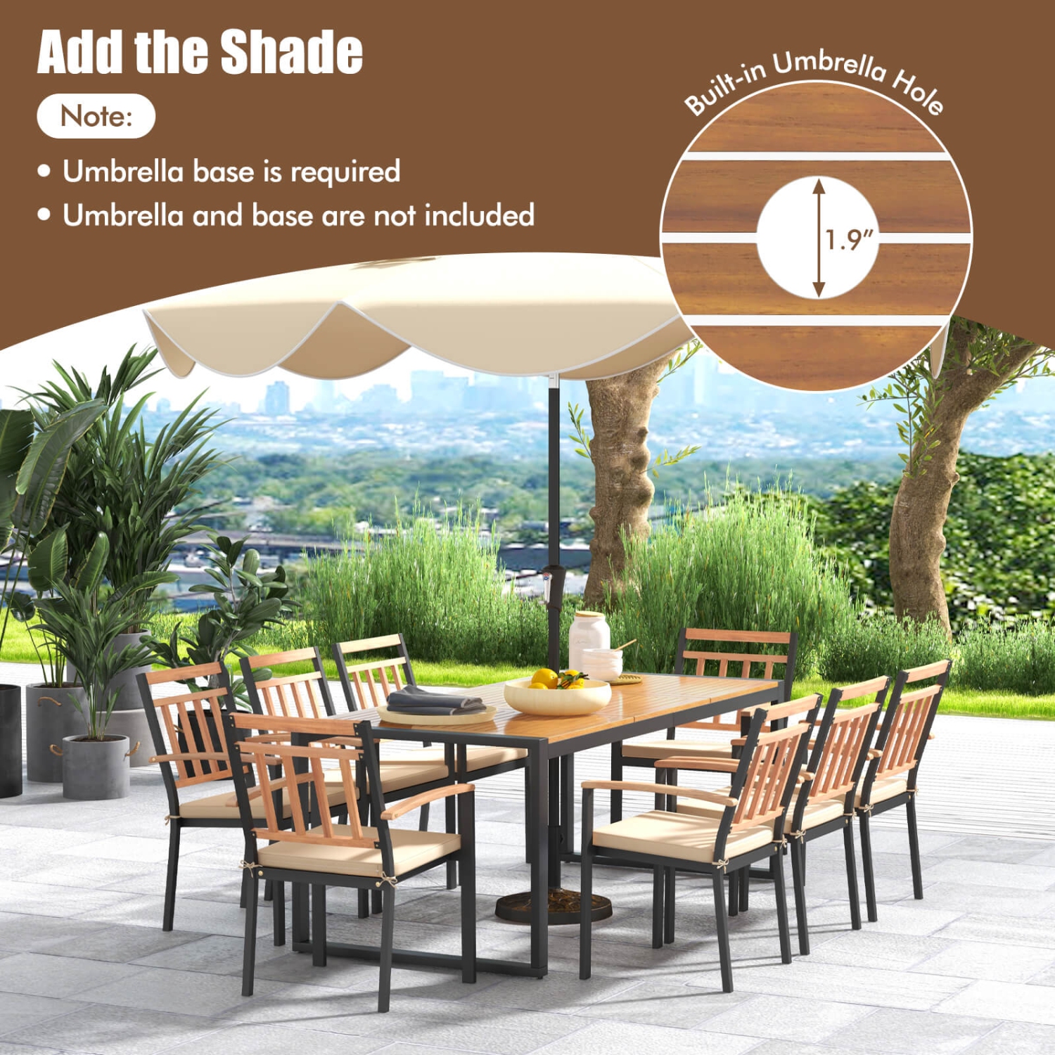 Costway 9 Pieces Patio Dining Set with Soft Cushions and 1.9" Umbrella Hole for Garden