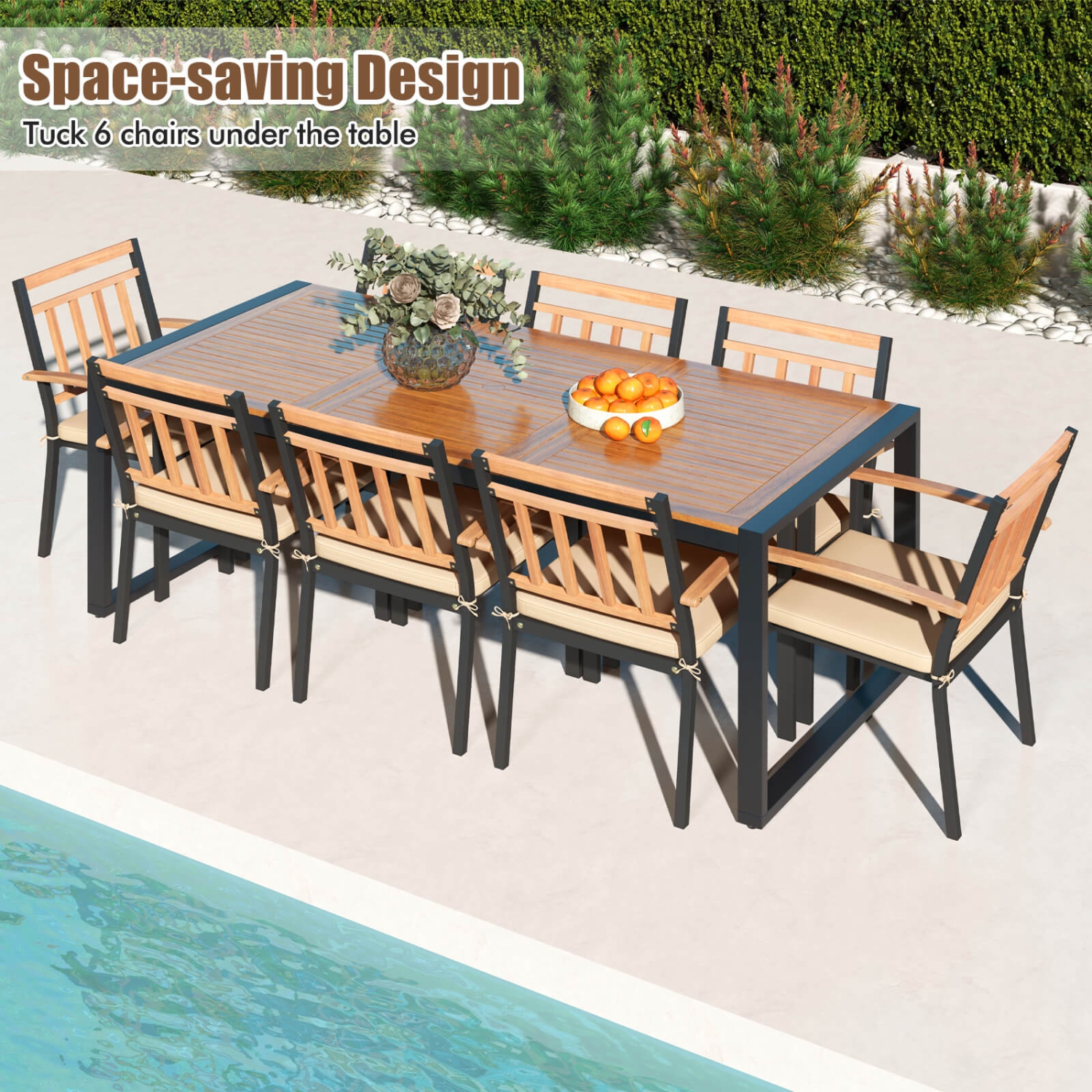 Costway 9 Pieces Patio Dining Set with Soft Cushions and 1.9" Umbrella Hole for Garden